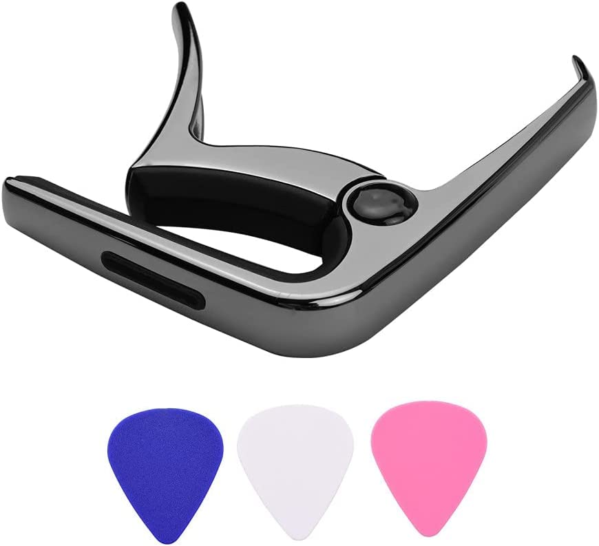 **Multifunctional Zinc Alloy Guitar Capo Tuner with 3 Picks - Perfect for Acoustic & Bass Guitar Accessories (Black) - Ideal for Live Performances, Studio Recording & Practice Sessions**