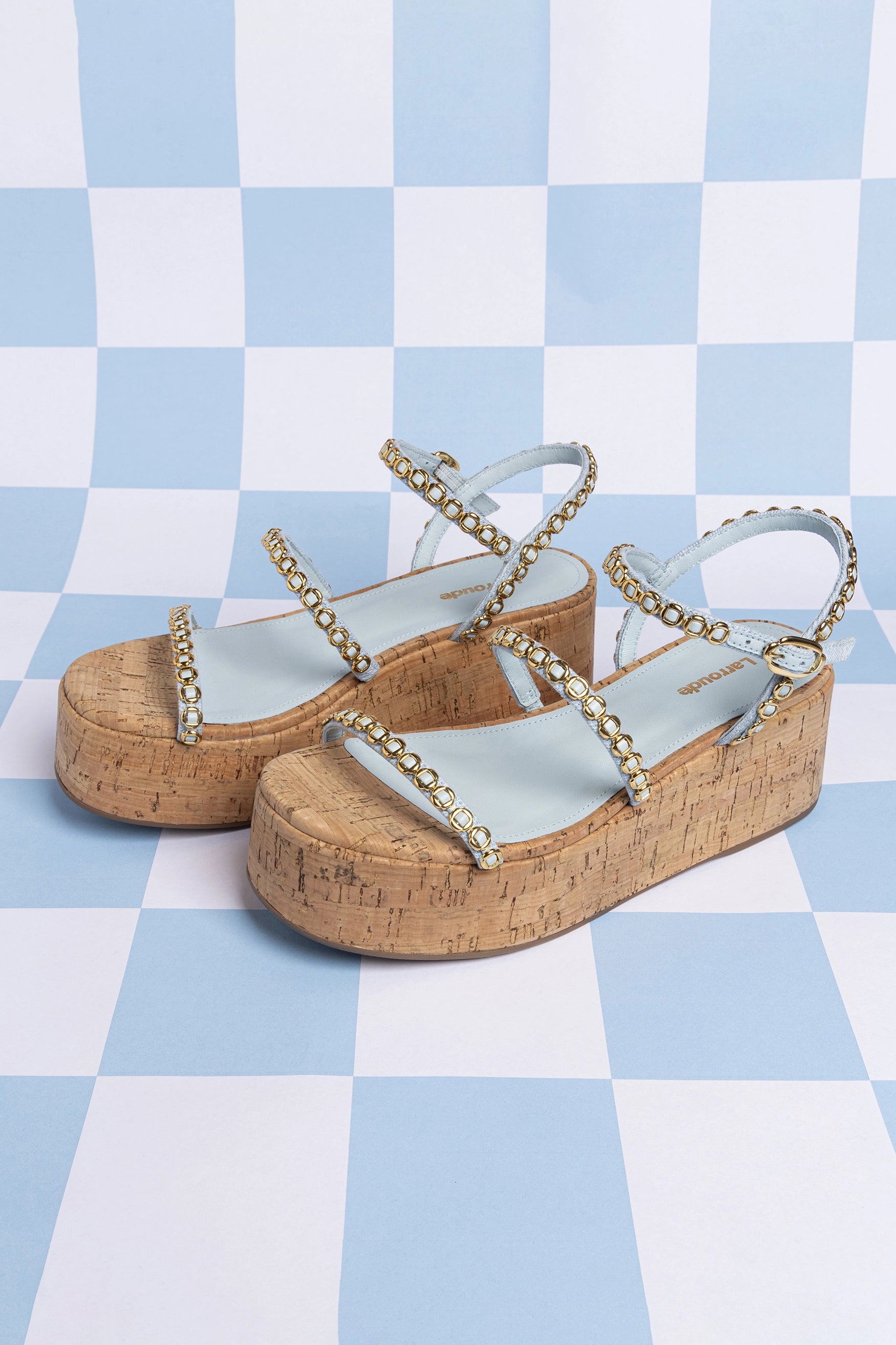 Gio Milanina Flatform Sandals in Maya Denim & Natural Cork - Comfortable Summer Wedges for Beach, Vacation and Casual Outfits