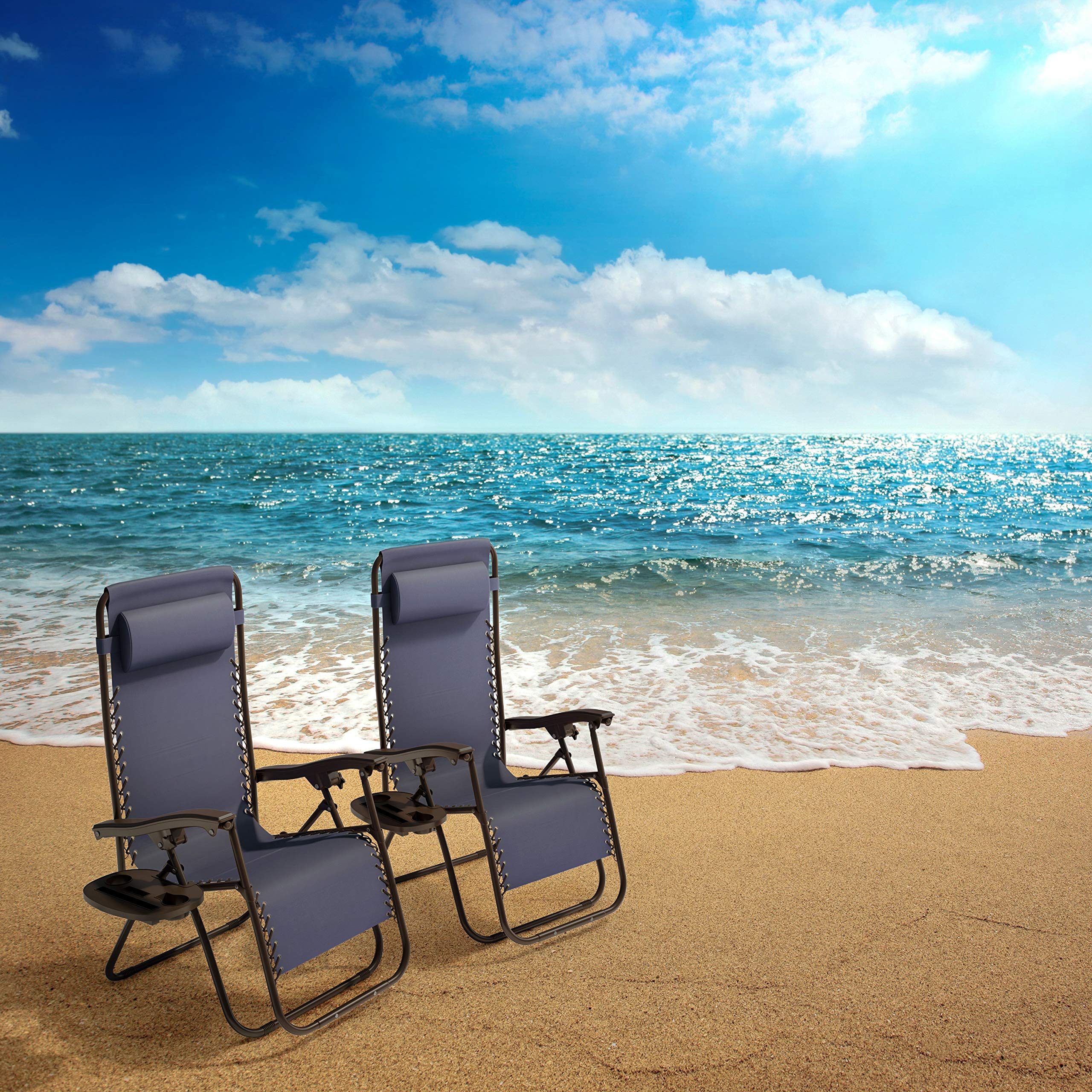 Premium Set of 2 Zero-Gravity Lounge Chairs - Adjustable Folding Outdoor Recliners with Side Table, Cup Holder & Pillow - Perfect for Patio, Poolside, Backyard Relaxation & Camping (Navy Blue)