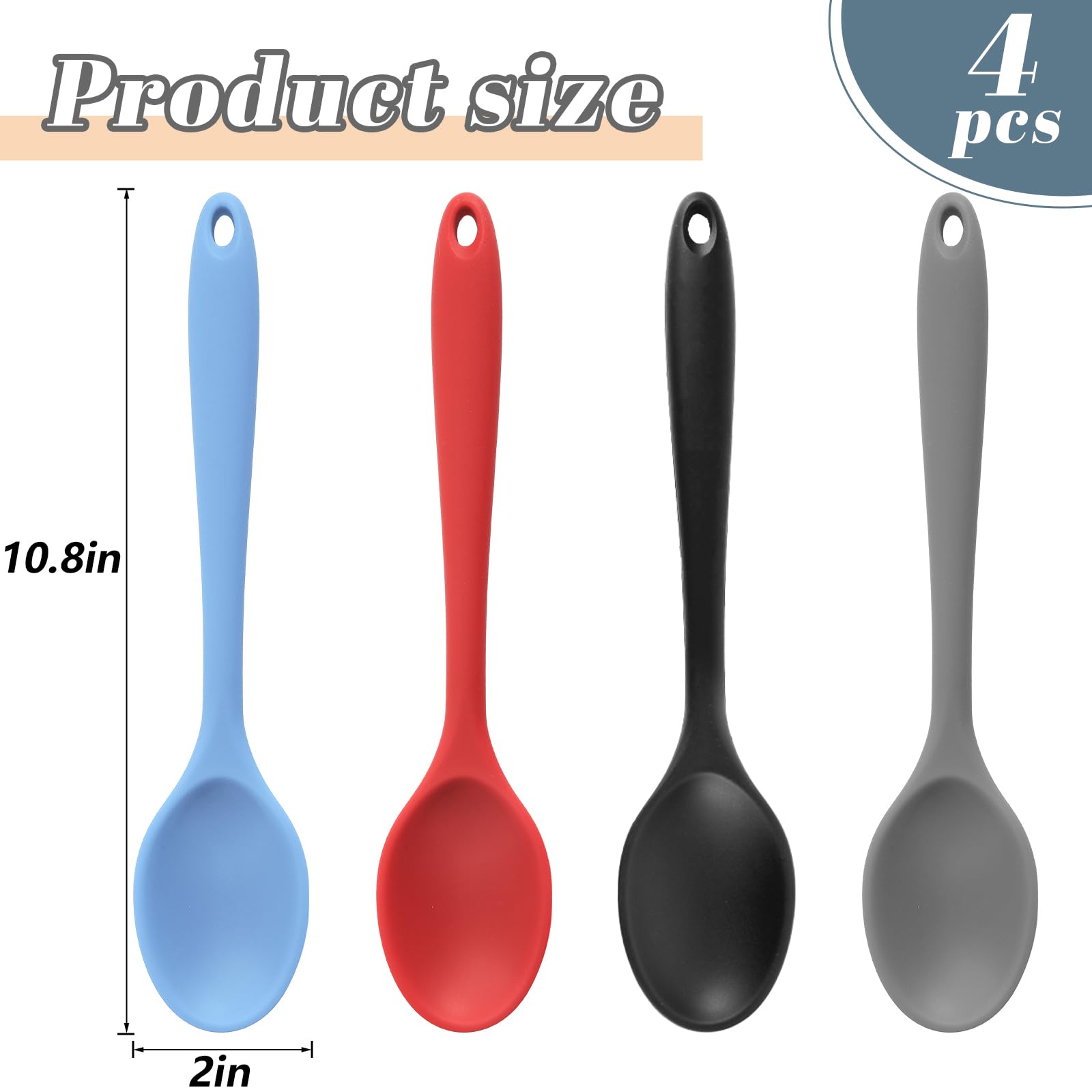 HANSGO 4PCS Silicone Spoons Set - 10.8 Inch Nonstick Kitchen Utensils, Heat Resistant Cooking Spoons for Baking, Stirring, Serving - Colorful & Durable for Everyday Cooking & Meal Prep