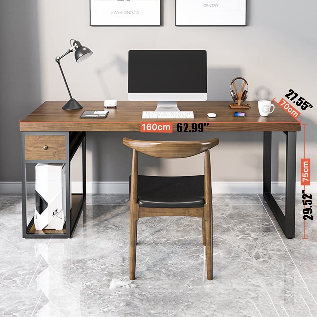 Solid Wood & Metal Computer Desk with Storage Drawer & Chair Set - 160x70x75cm Home Office Desk for Work, Study, Gaming & Writing - Ergonomic Workstation for Small Spaces