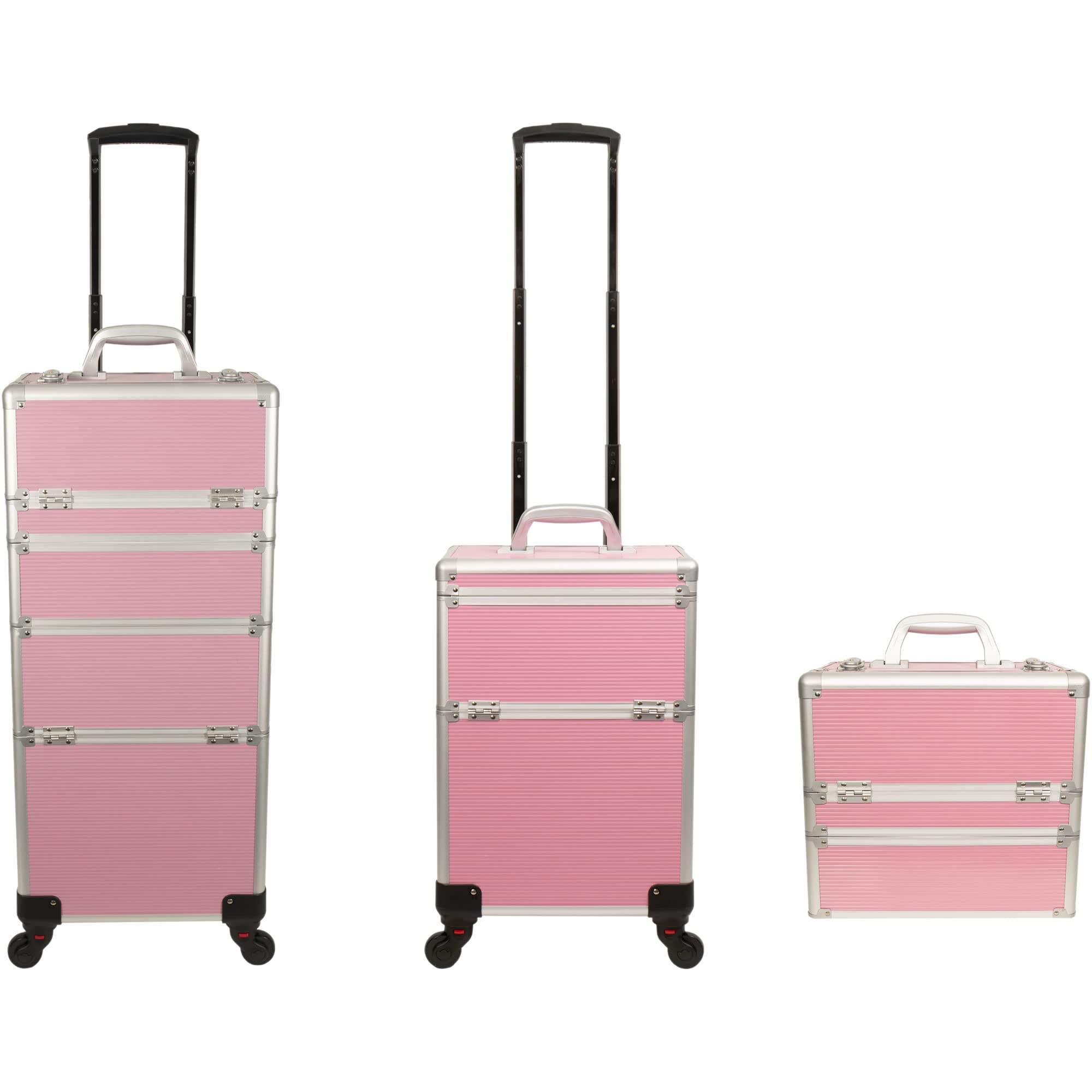 HIKER Professional Makeup Rolling Case HK6501 - 2 in 1 Hair Stylist Organizer with 3 Slide Drawers & Removable Tray | 4-Wheel Spinner Luggage with Lock, Mirror, Extra Lid & Shoulder Strap | Pink Matte Cosmetic Case for Travel & Salon Use