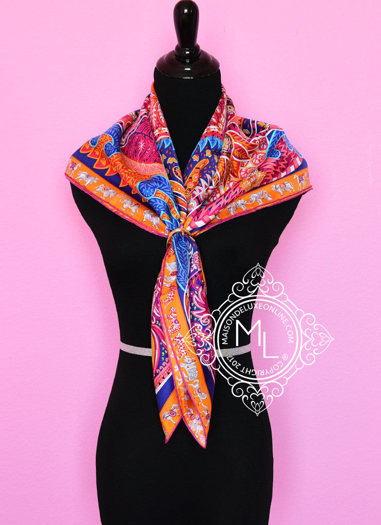 Authentic Hermes Iris Fuchsia Twill Silk Scarf 90cm - Le Jardin de la Maharani Design | Luxury Fashion Accessory for Women, Perfect for Gifts, Parties & Special Occasions