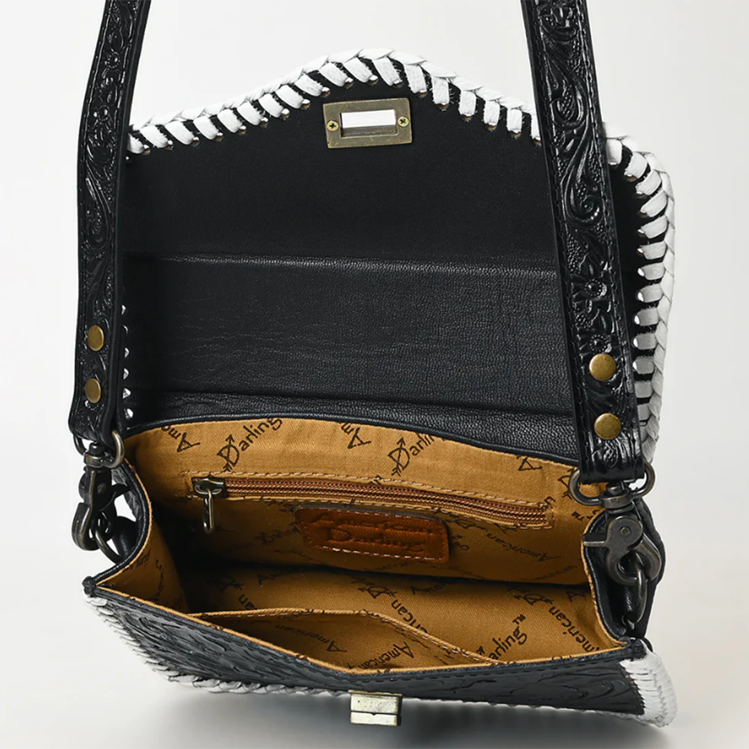American Darling Black Tooled Leather Crossbody Bag with White Buck Stitch - Perfect for Work, Travel & Everyday Use