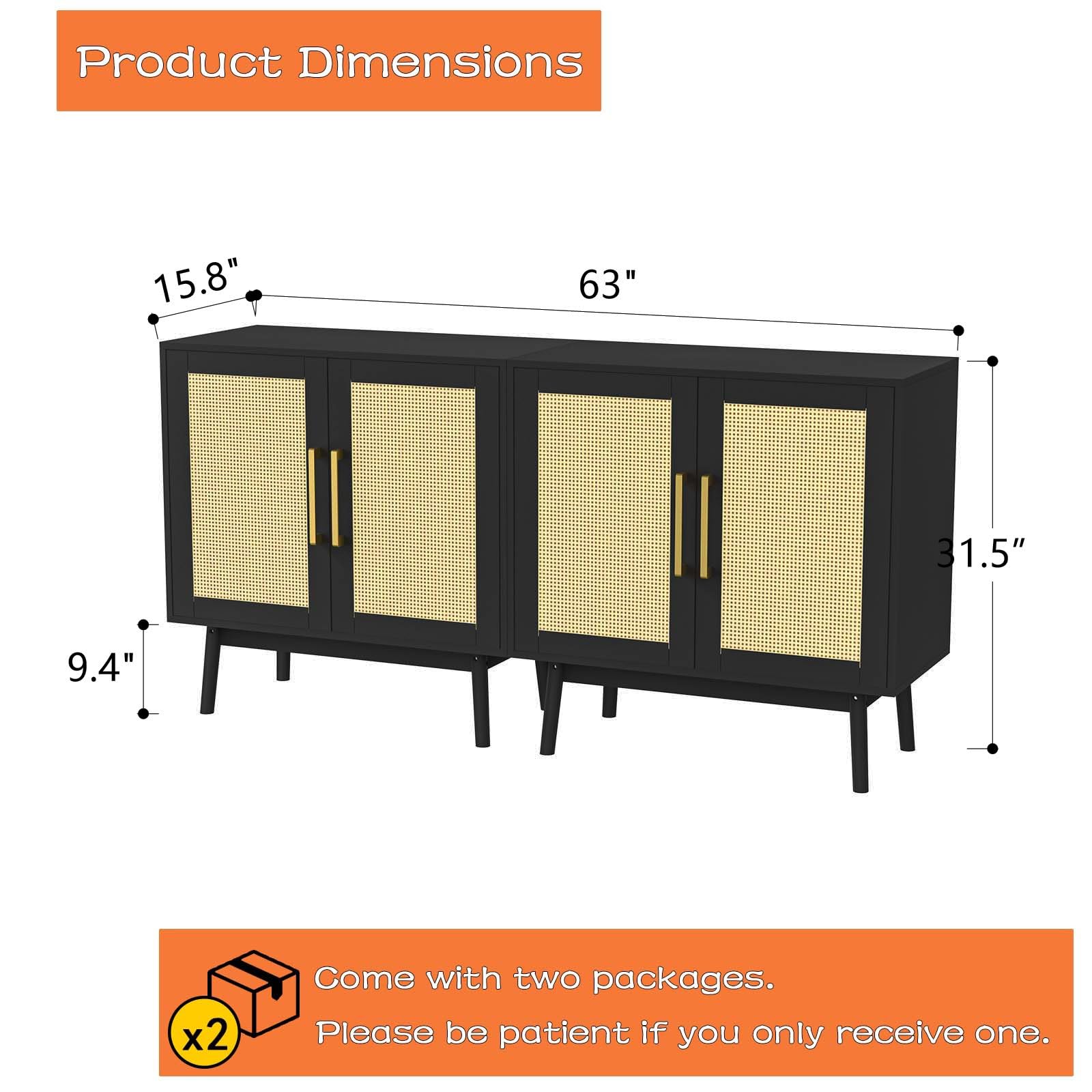LYNSOM 2-Piece Buffet Cabinet Set with Rattan Doors & Solid Wood Feet - Stylish Sideboard Storage Cabinet for Living Room, Entryway, Hallway - Perfect for Dining Room Storage & Home Decor (Black)