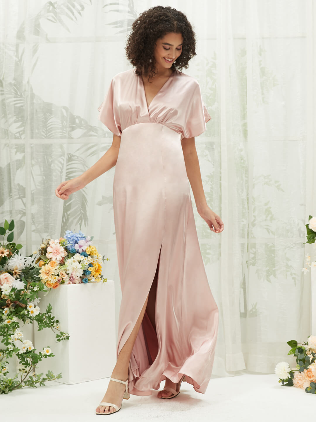 Elegant Blush V-Neck Short Sleeve Satin Maxi Bridesmaid Dress with High Slit - Perfect for Weddings, Formal Events & Special Occasions