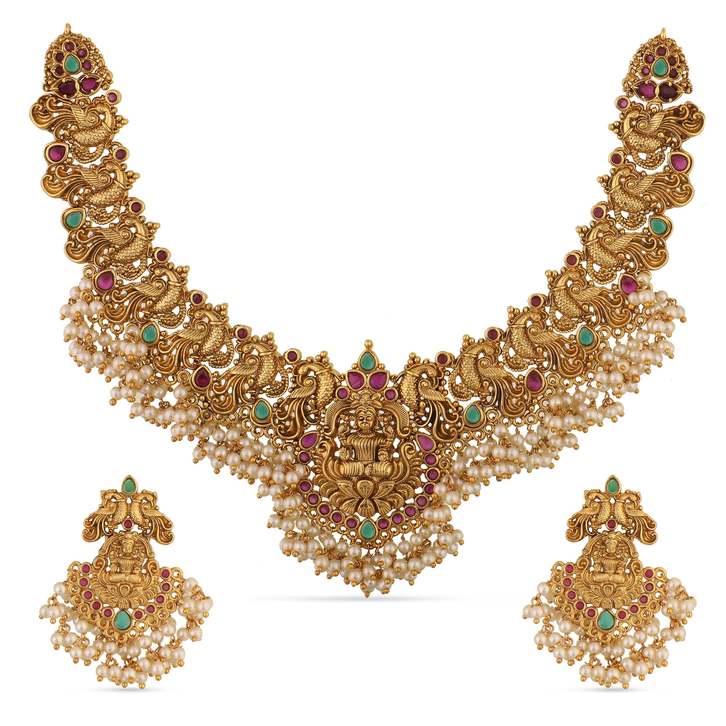 Antique Gold Plated Cira Short Necklace Set with Floral Design - Traditional South Indian Jewelry for Women | Perfect for Weddings, Festivals & Ethnic Occasions | Elegant Bridal Accessory | 1 Year Warranty