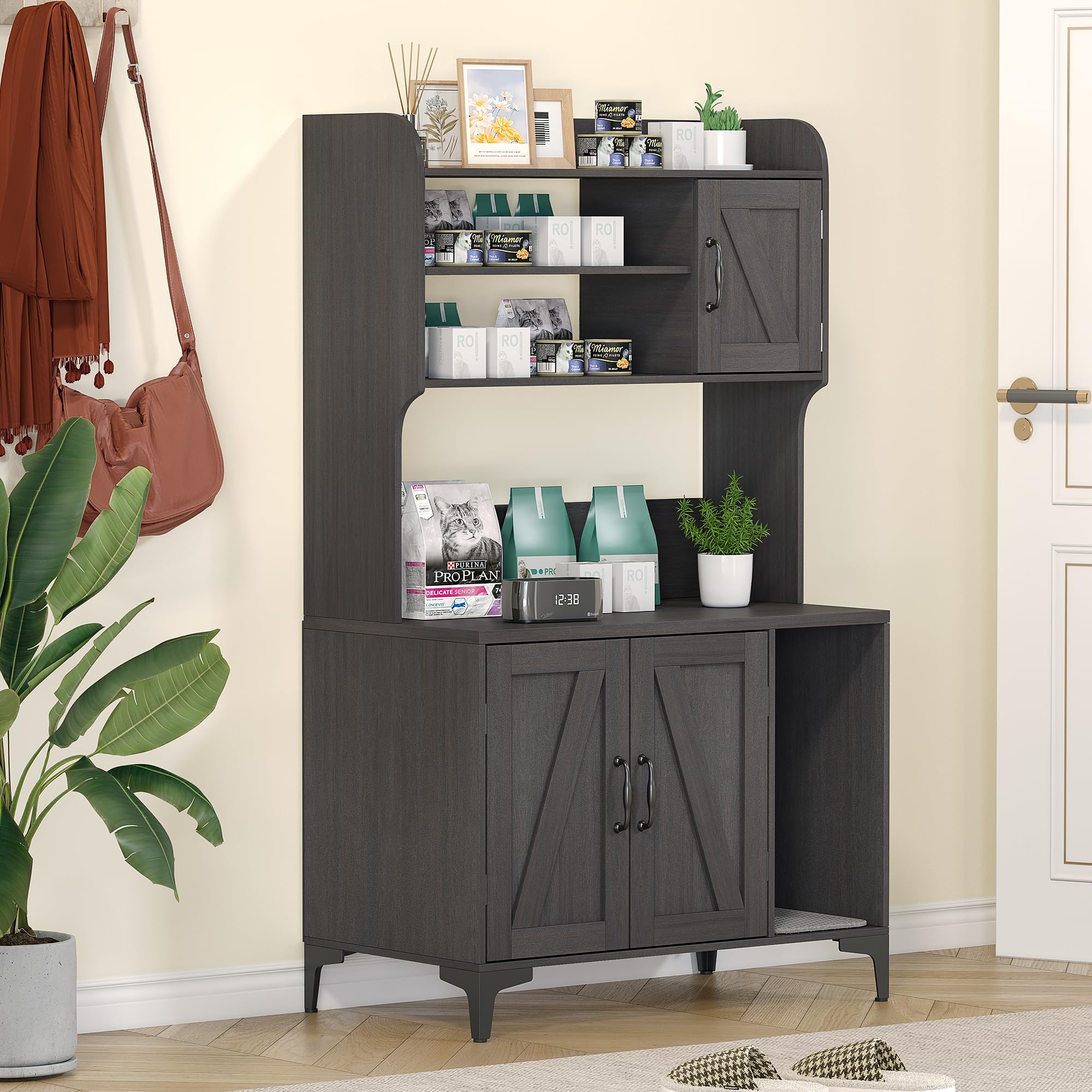 IDEALHOUSE Wooden Cat Litter Box Enclosure with Shelves & Doors - Sturdy Hidden Litter Box Furniture Cabinet for Indoor Cats - Walnut Color - Perfect for Living Room, Bedroom or Apartment Spaces