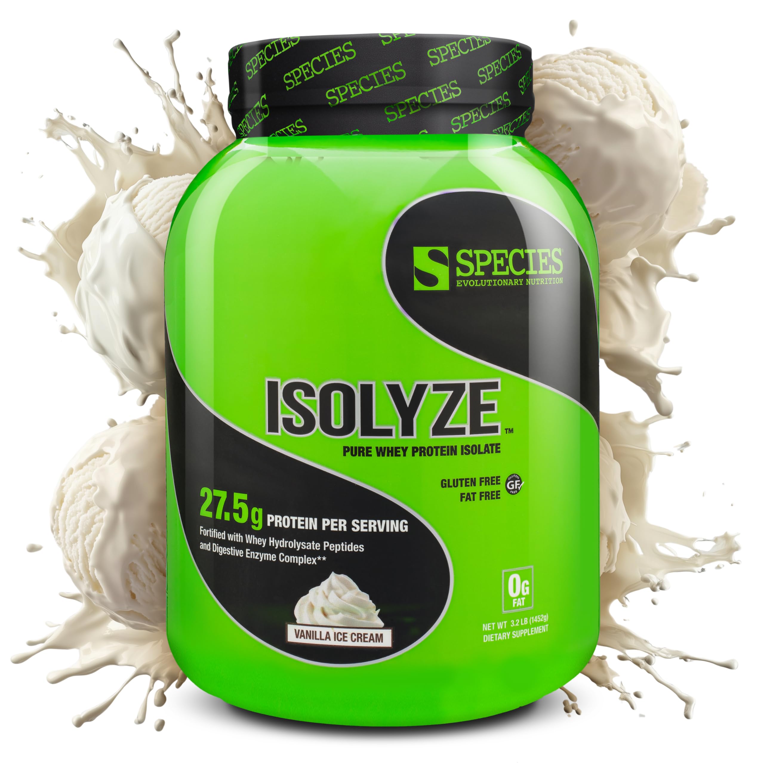 Species Nutrition Isolyze Whey Protein Powder - 100% Pure Whey Isolate for Muscle Growth & Recovery, 27.5g Protein Per Serving, Sugar-Free & Low Fat (Vanilla Ice Cream Flavor, 44 Servings) - Ideal for Post-Workout Recovery, Meal Replacement & Fitness Enthusiasts