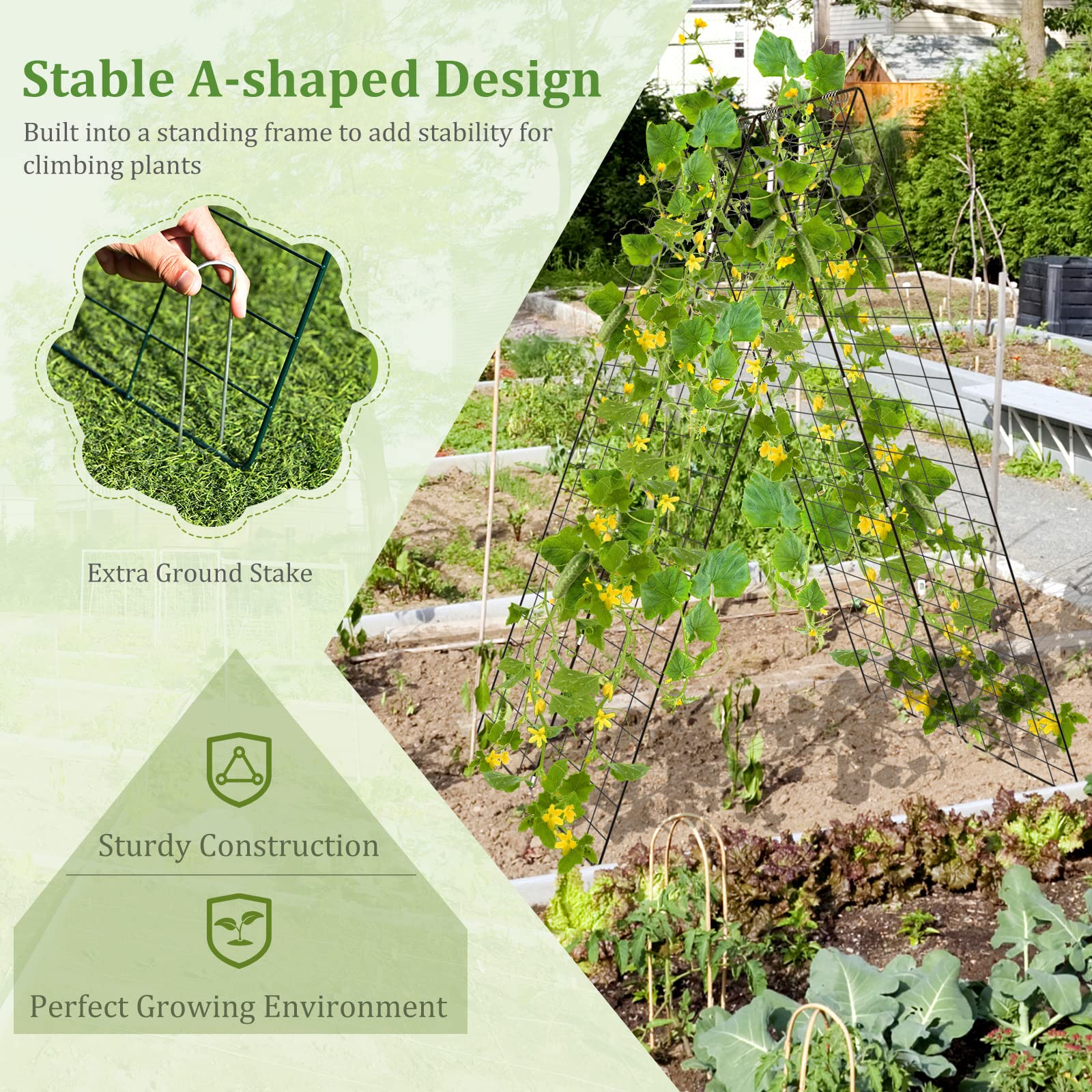 48 x 34 Inch Foldable A-Shape Cucumber Trellis for Garden - 8 PCS Plant Support with 18 Clips, 16 Stakes, 8 Spiral Connectors, 12 Cable Ties - Perfect for Climbing Plants, Vegetables, and Vines in Outdoor Gardens, Backyards, and Greenhouses