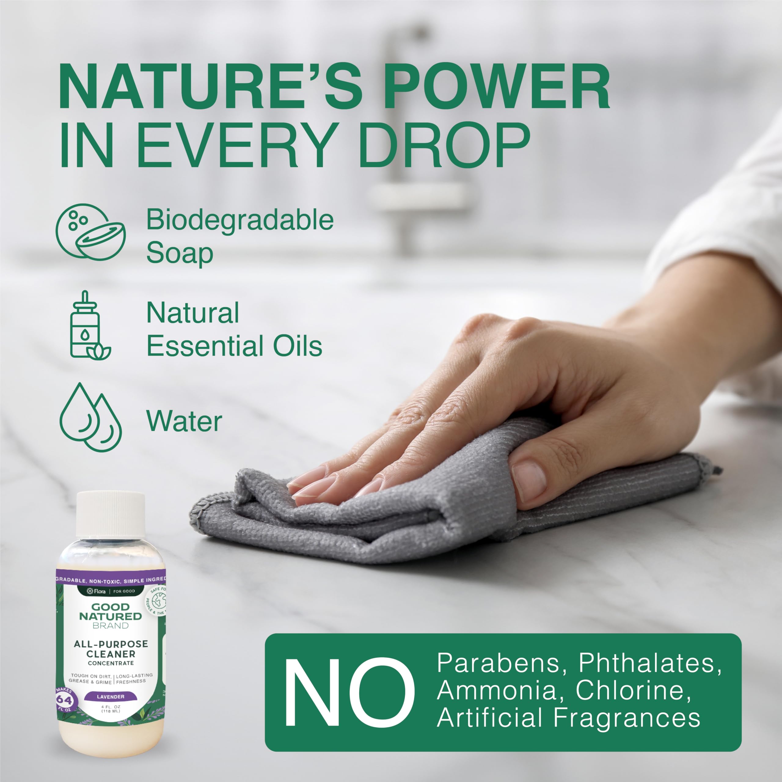 Good Natured Brand All-Purpose Cleaner Concentrate (4oz makes 64oz) with 16oz Spray Bottle | Natural Lavender Essential Oil Multi-Surface Cleaner | Safe for Kitchen, Bathroom & Floors | Eco-Friendly Cleaning Solution for Home & Office