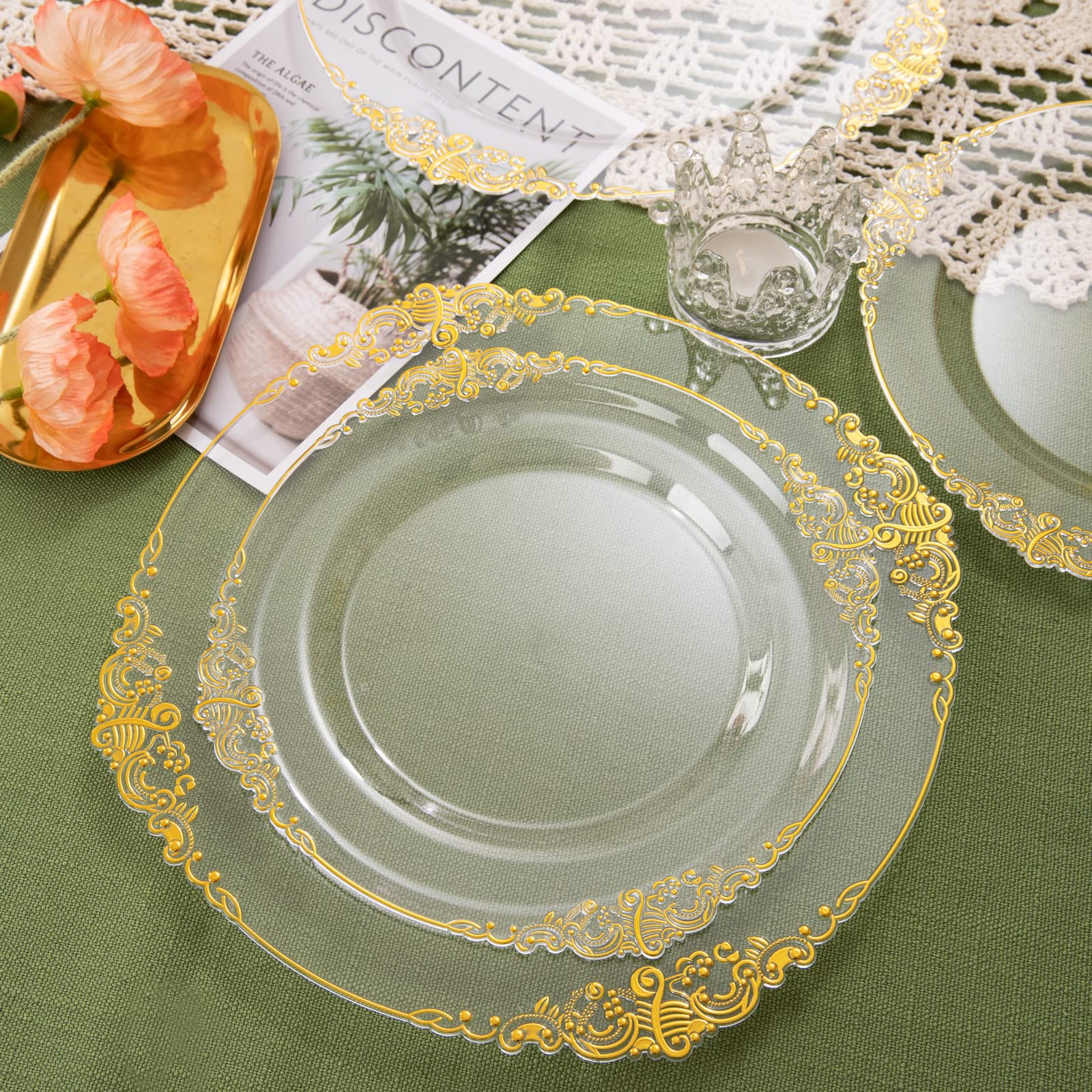 100PCS Clear & Gold Plastic Plates and 60 Pack Clear Gold Plastic Coffee Mugs - Elegant Disposable Tableware for Parties, Weddings, and Events