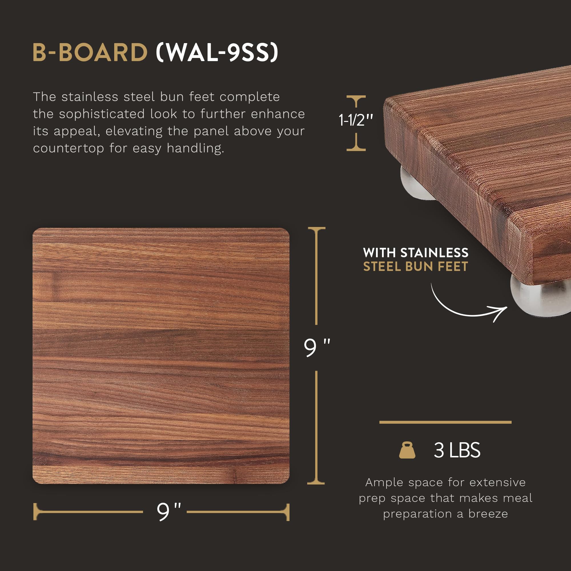 John Boos B Series Walnut Wood Cutting Board with Feet - 9x9x1.5 Inches - Premium Square Kitchen Cutting Board for Chopping, Slicing & Serving - Perfect for Home Cooks & Professional Chefs