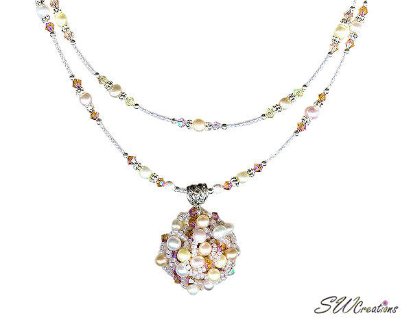 Elegant Peach & Pearl Beaded Art Necklace for Women - Handmade Boho Jewelry for Weddings, Parties & Everyday Wear