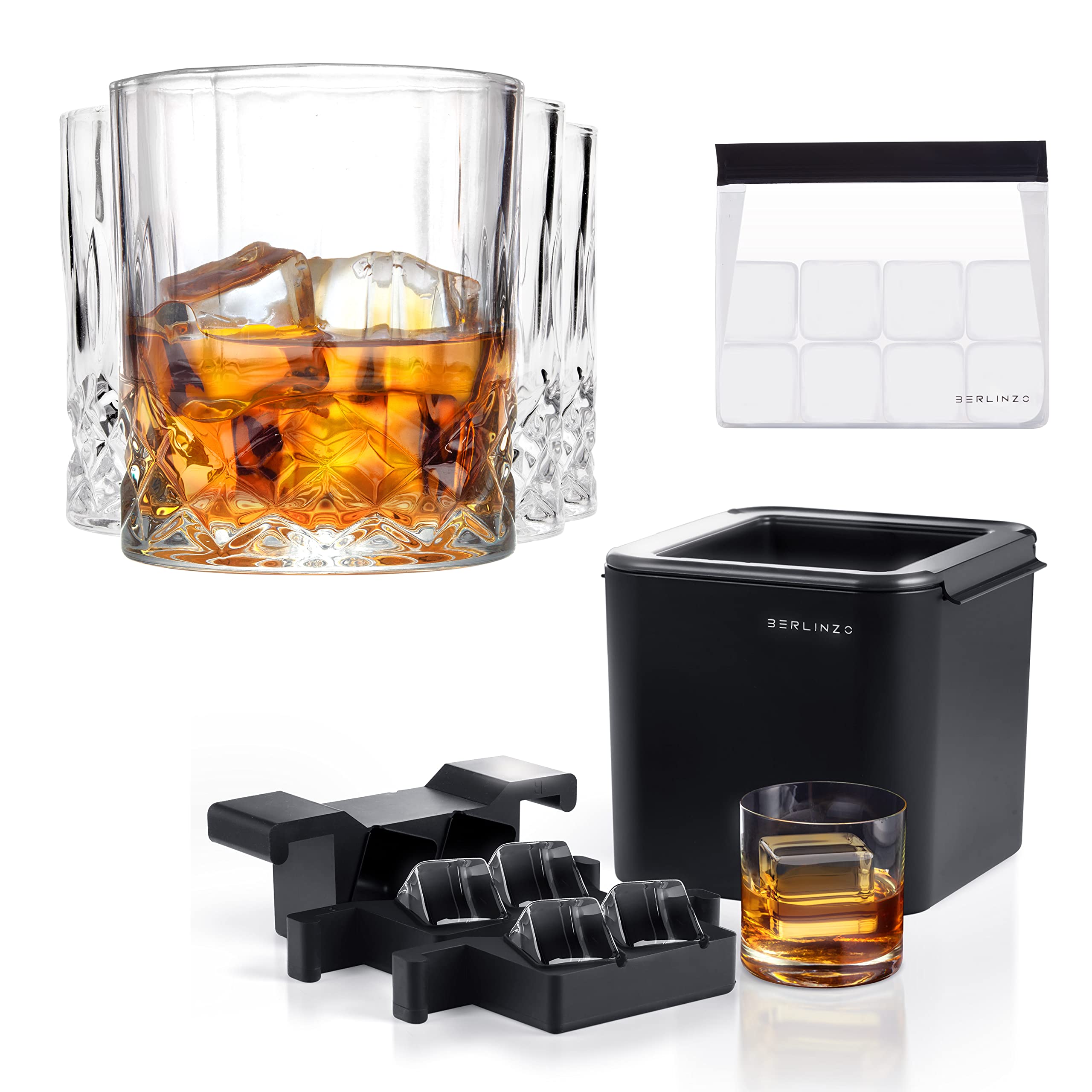 BERLINZO Premium Clear Ice Ball Maker Mold with 4 Whiskey Glasses Set - 2.4 Inch Large Ice Sphere Maker for Home Bar - Perfect for Bourbon, Scotch & Cocktails - Gift Box Included (Great for Parties, Gifts & Whiskey Enthusiasts)