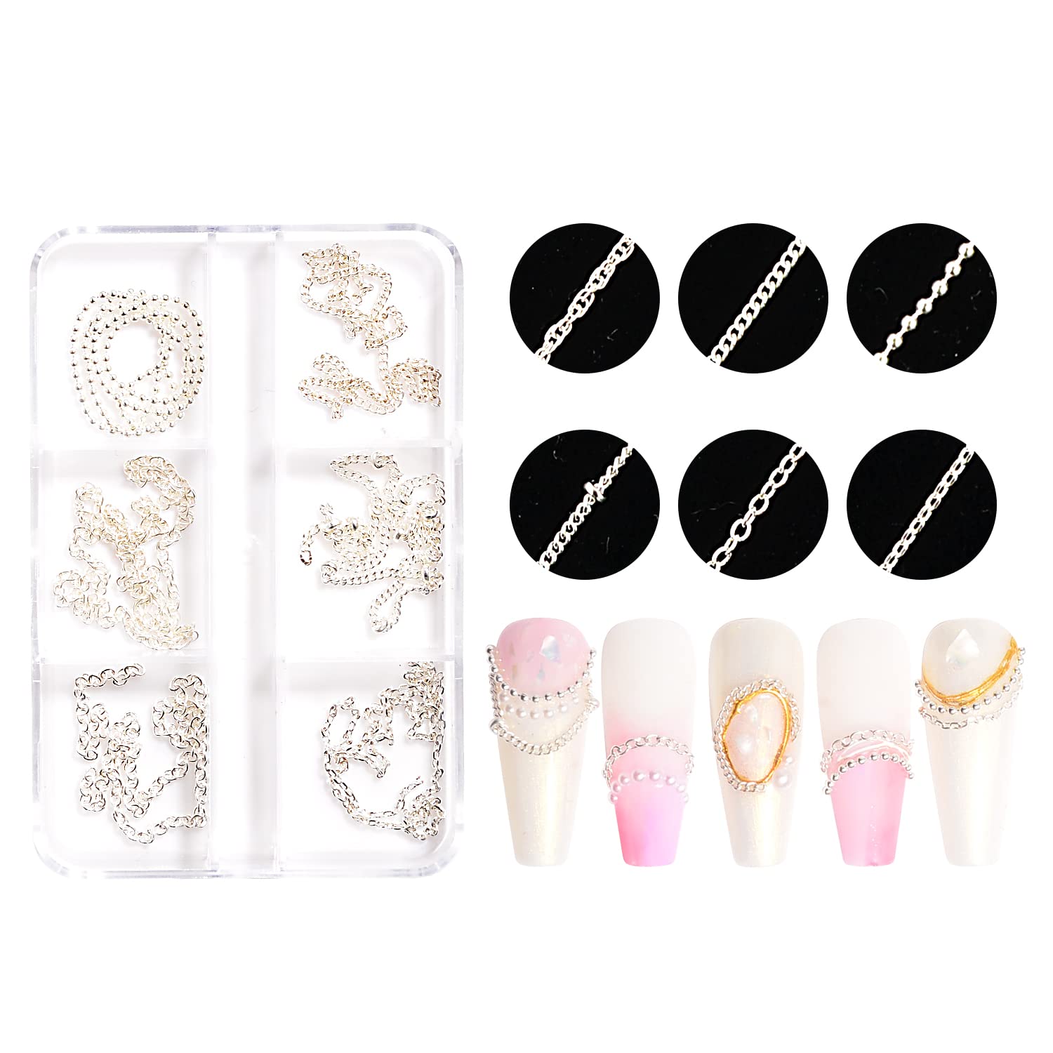 6 Strips 3D Metal Nail Art Chains - Silver Punk Nail Studs & Beads for Nail Decoration | DIY Manicure Jewelry Accessories for Punk, Gothic & Festival Nail Art Designs