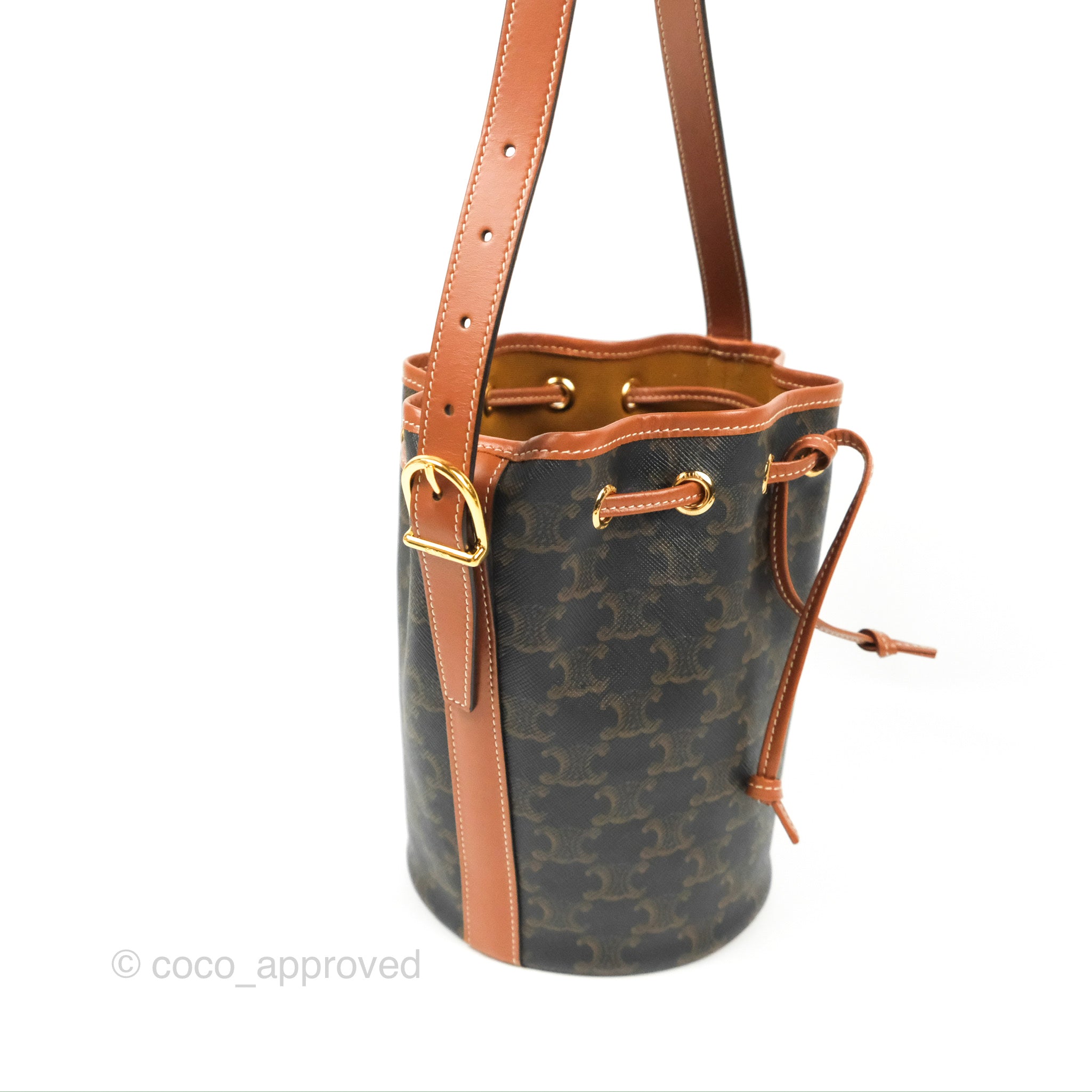 Celine Small Drawstring Bucket Bag in Triomphe Canvas & Tan Calfskin Leather - Perfect for Everyday Use, Travel & Casual Outings