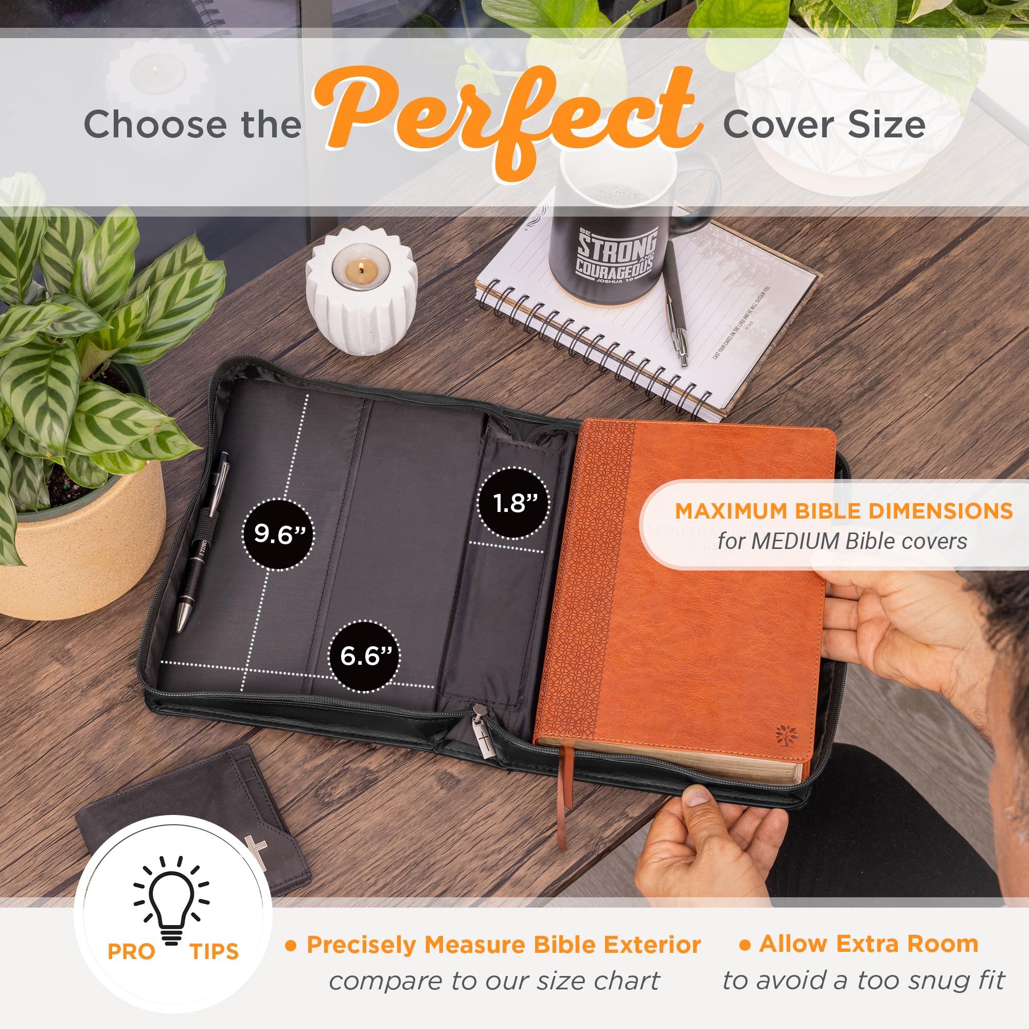 Christian Art Gifts Classic Faux Leather Bible Cover for Men & Women - Be Strong & Courageous Joshua 1:9 Inspirational Verse with Lion Design, Gray & Black, Medium Size | Perfect for Church, Bible Study & Daily Devotion