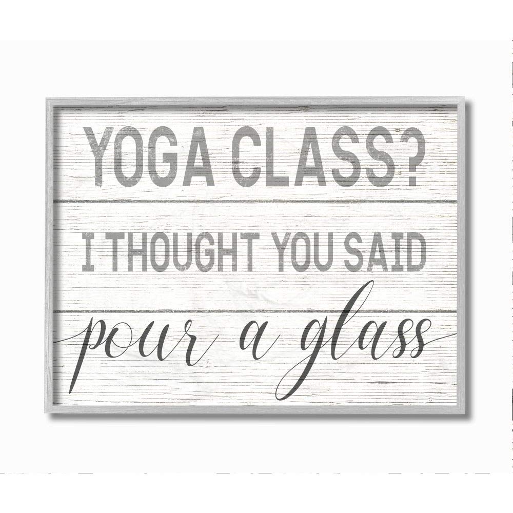 Stupell Industries Yoga Class or Pour A Glass Humorous Wall Art - 16x20 Grey Framed Decor by Daphne Polselli | Perfect for Yoga Studios, Bars & Home Decor