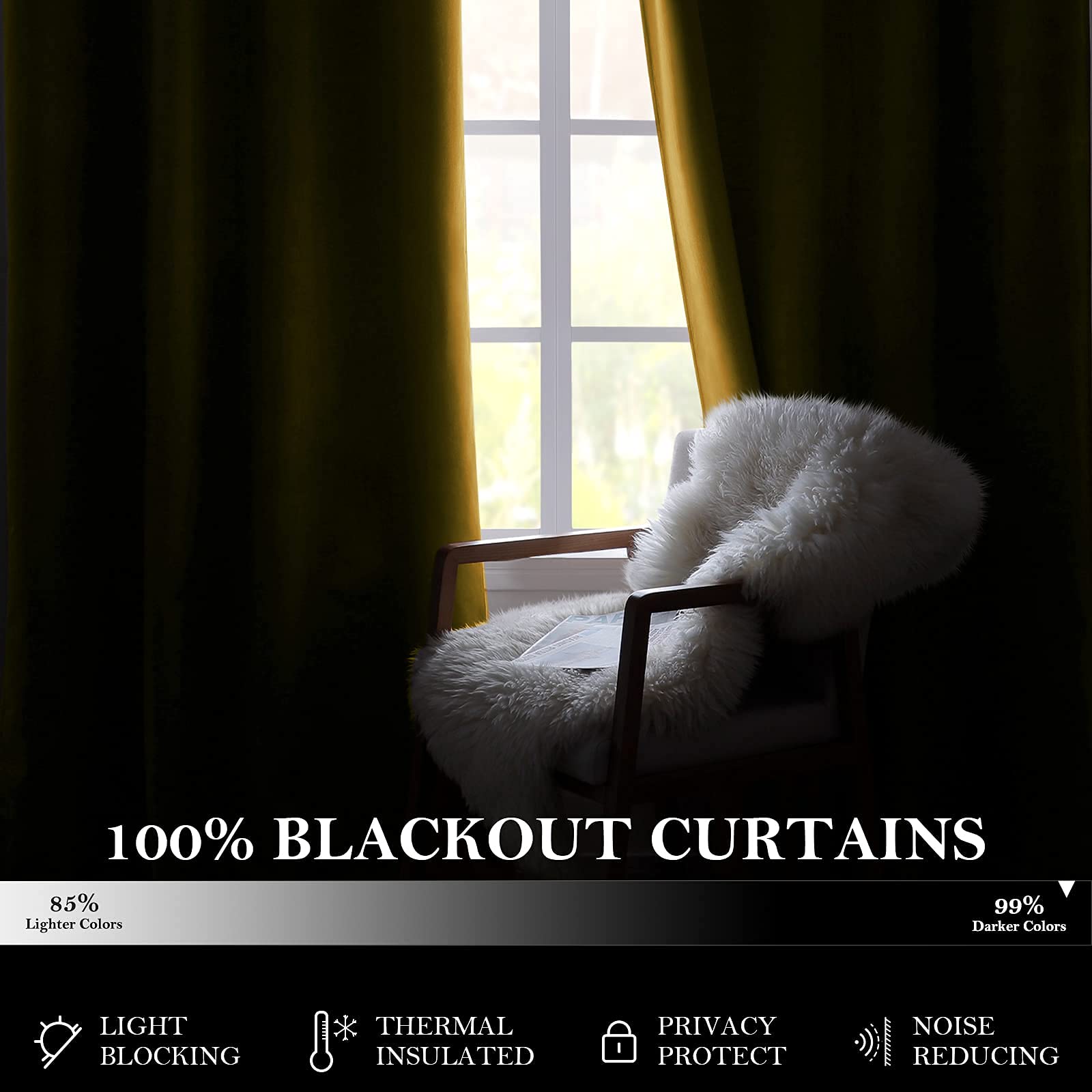 Premium 100% Blackout Velvet Curtains - Mustard Yellow Room Darkening Drapes (52x96 Inch, 2 Panels) for Bedroom & Living Room | Noise Reducing, Thermal Insulated Window Treatments for Better Sleep & Energy Efficiency