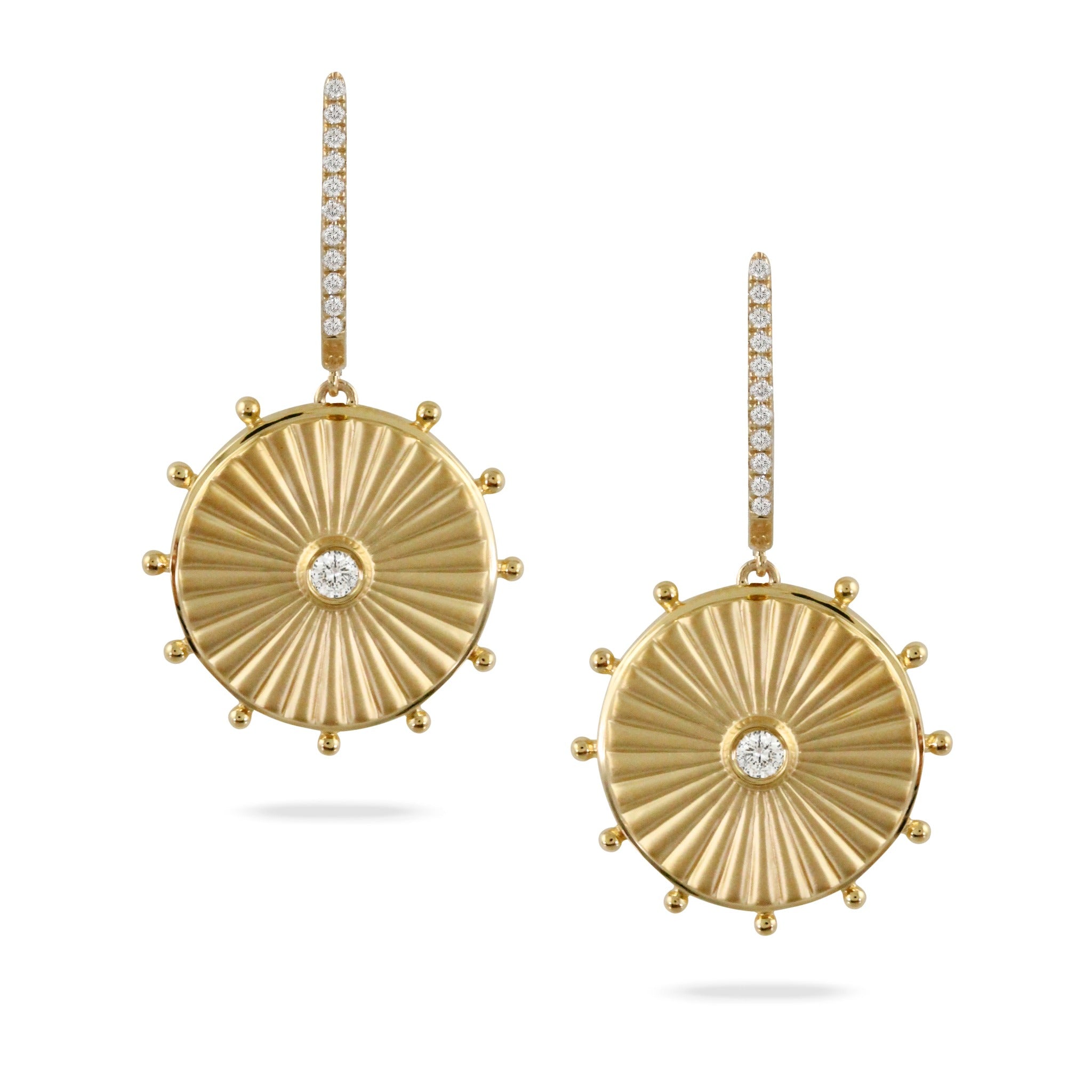 18K Yellow Gold Diamond Disc Drop Earrings for Women - Elegant Satin Finish Dangle Earrings for Parties, Weddings & Special Occasions