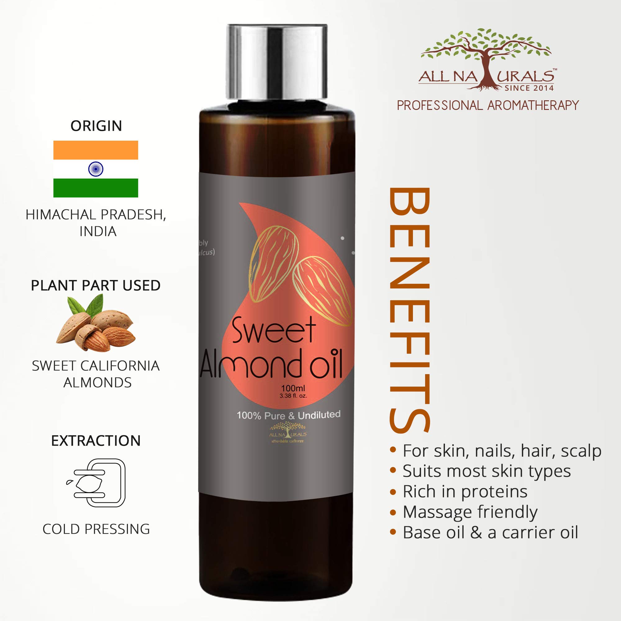 100% Pure Cold Pressed Sweet Almond Oil - 100ml All Natural Carrier Oil for Skin & Hair Care | Hydrating, Nourishing & Massage Use | Made in Himachal Pradesh