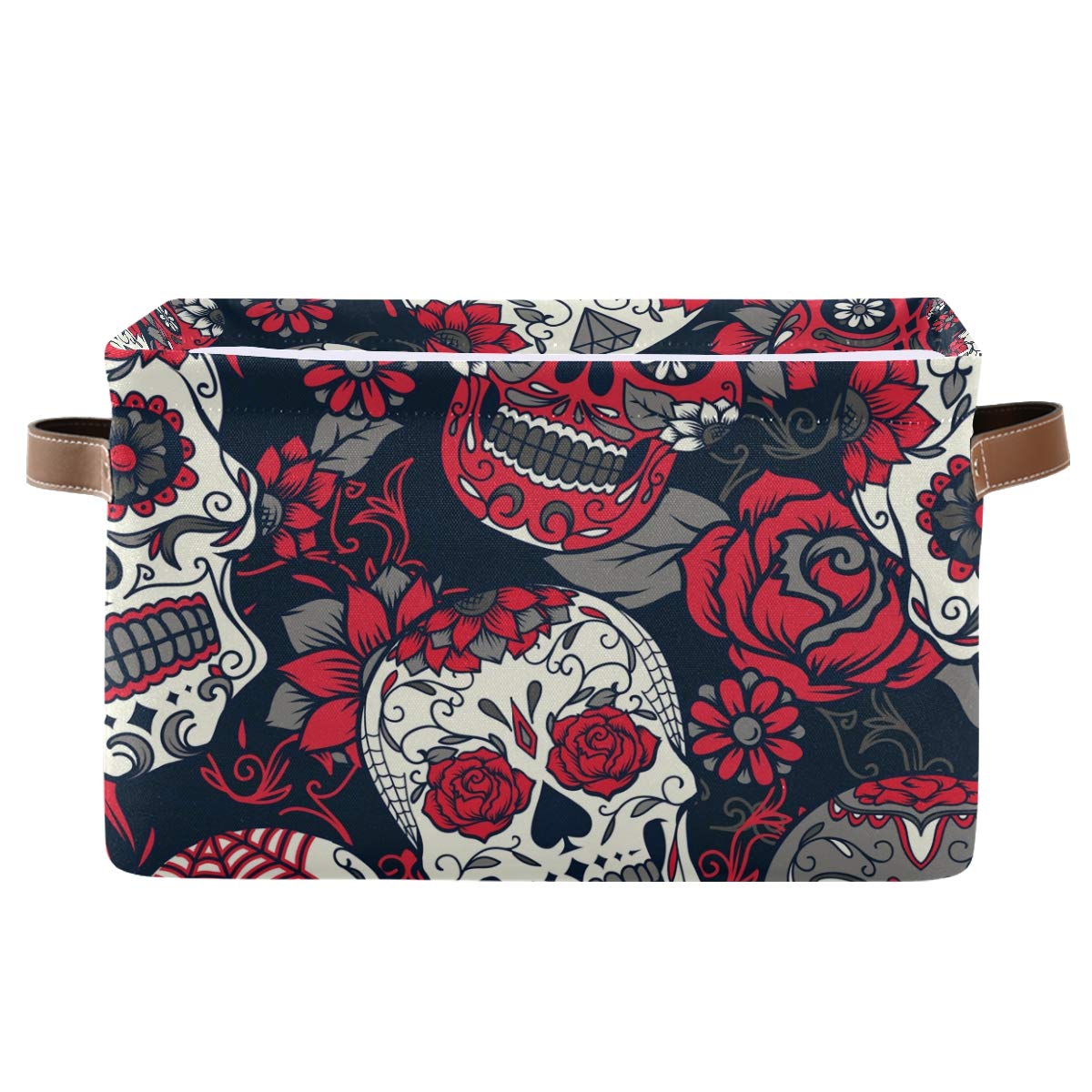 AGONA Large Foldable Storage Bin with Leather Handles - Collapsible Fabric Storage Basket for Home, Closet, Bedroom & Nursery Organization - Sugar Skull Floral Design (1 Pack) - Perfect for Seasonal Decor, Toy Storage & Laundry Organization