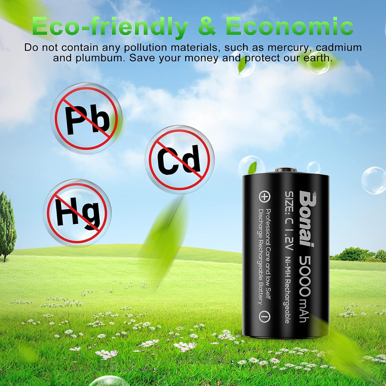 BONAI Rechargeable C Batteries 4 Pack - 5000mAh 1.2V Ni-MH High Capacity C Size Batteries for Flashlights, Toys, Radios & Emergency Devices - Long Lasting Power Supply