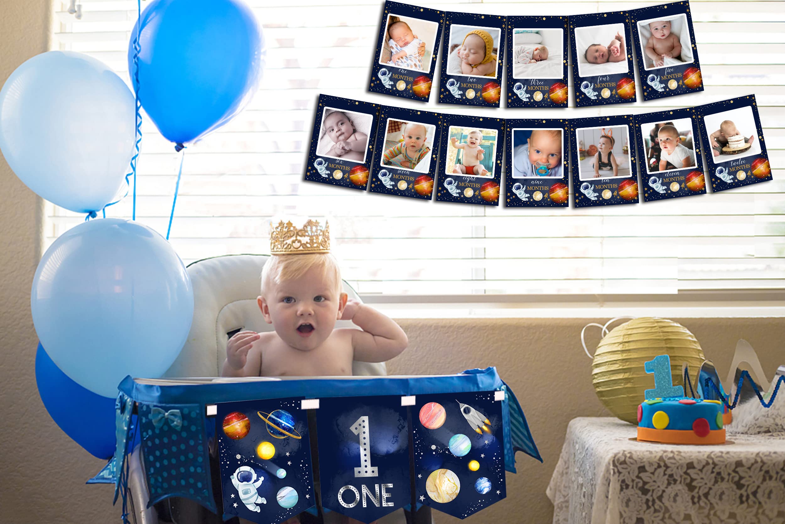 Space Photo Banner & High Chair Banner - First Birthday Party Decorations, Astronaut Theme Birthday Supplies for Baby Shower, Gender Reveal & Space-Themed Events