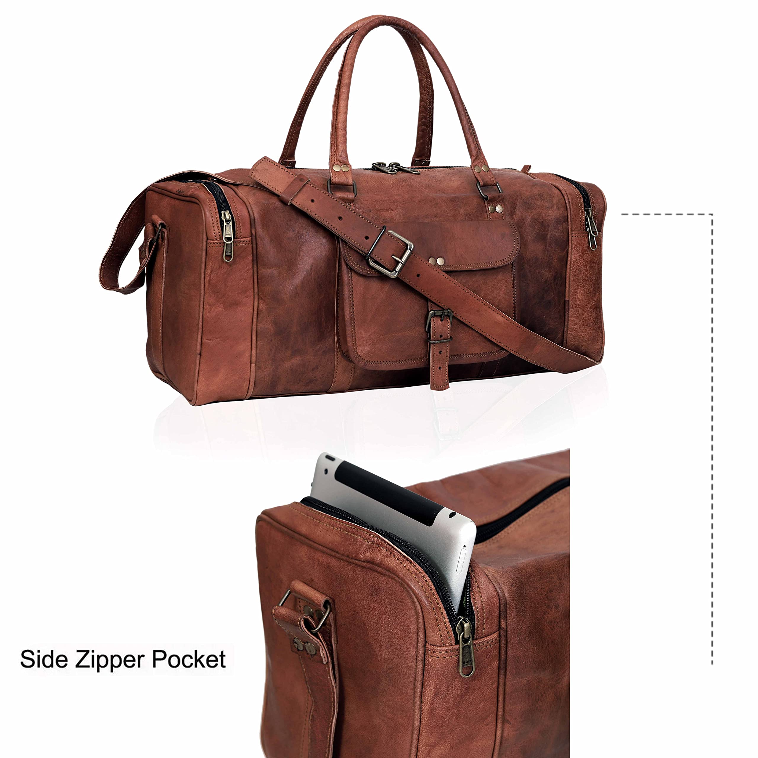 Premium Genuine Leather Duffel Bag for Men - Travel, Gym & Weekend Overnight Carry On - Brown Leather Sports Duffle Bag - Perfect for Business Trips, Workouts & Vacation Luggage