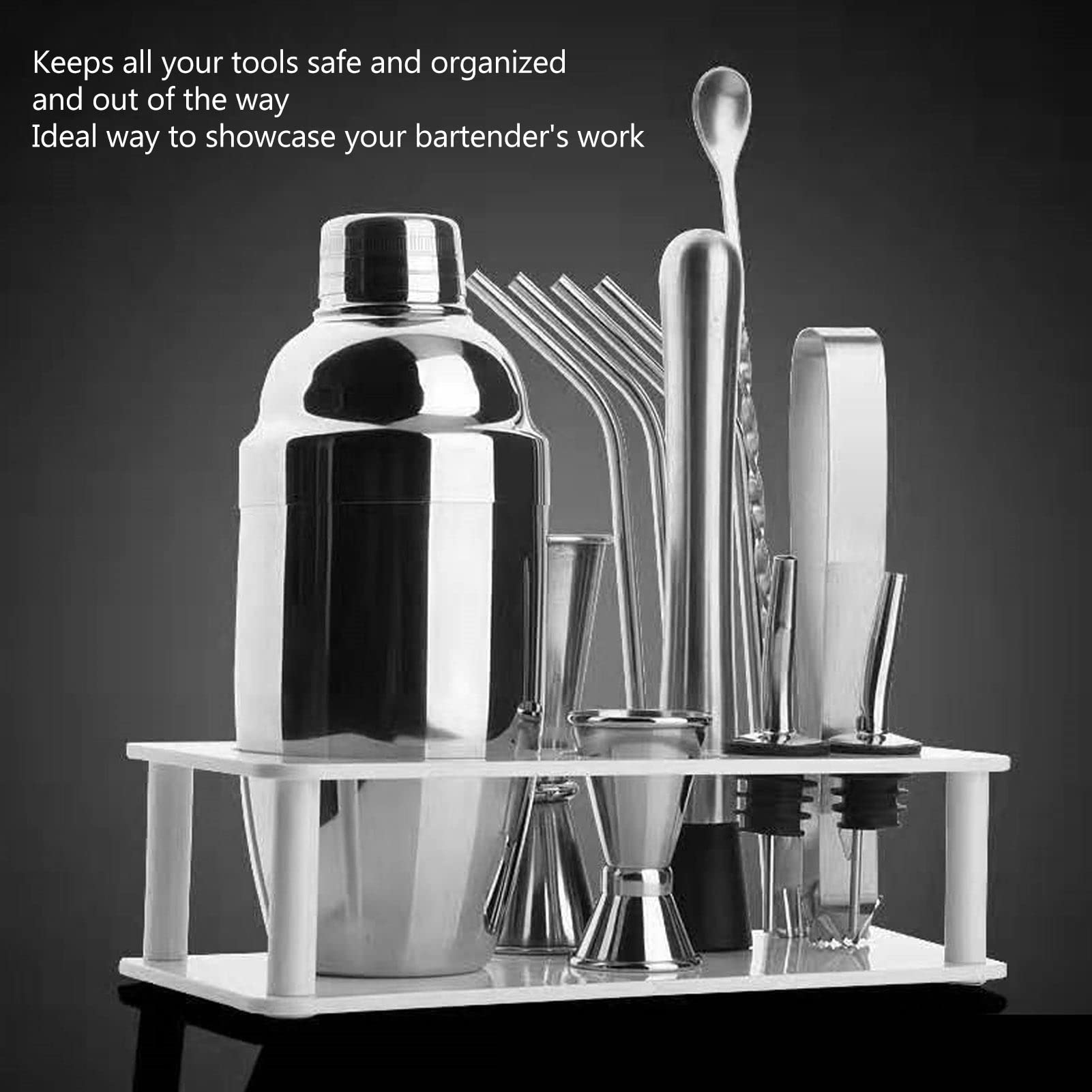 Professional Cocktail Shaker Set with Stand - Space Saving Bartender Kit, Plastic Bar Tool Organizer & Storage Holder - Perfect for Home Bars, Parties & Mixology Enthusiasts