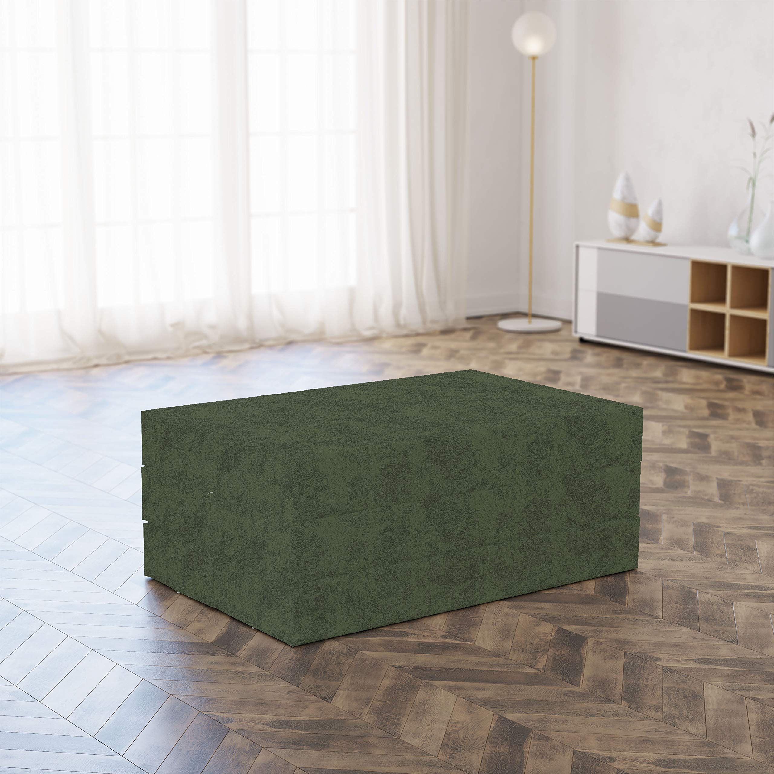 Ambesonne Faux Suede Foldable Mattress - Queen Size Digital Printed Portable Futon Mat, Lightweight Sleeping Pad for Guest Bed, Camping & Dorm Use - Olive Green | Perfect for Spare Bedroom, Travel & Outdoor Adventures