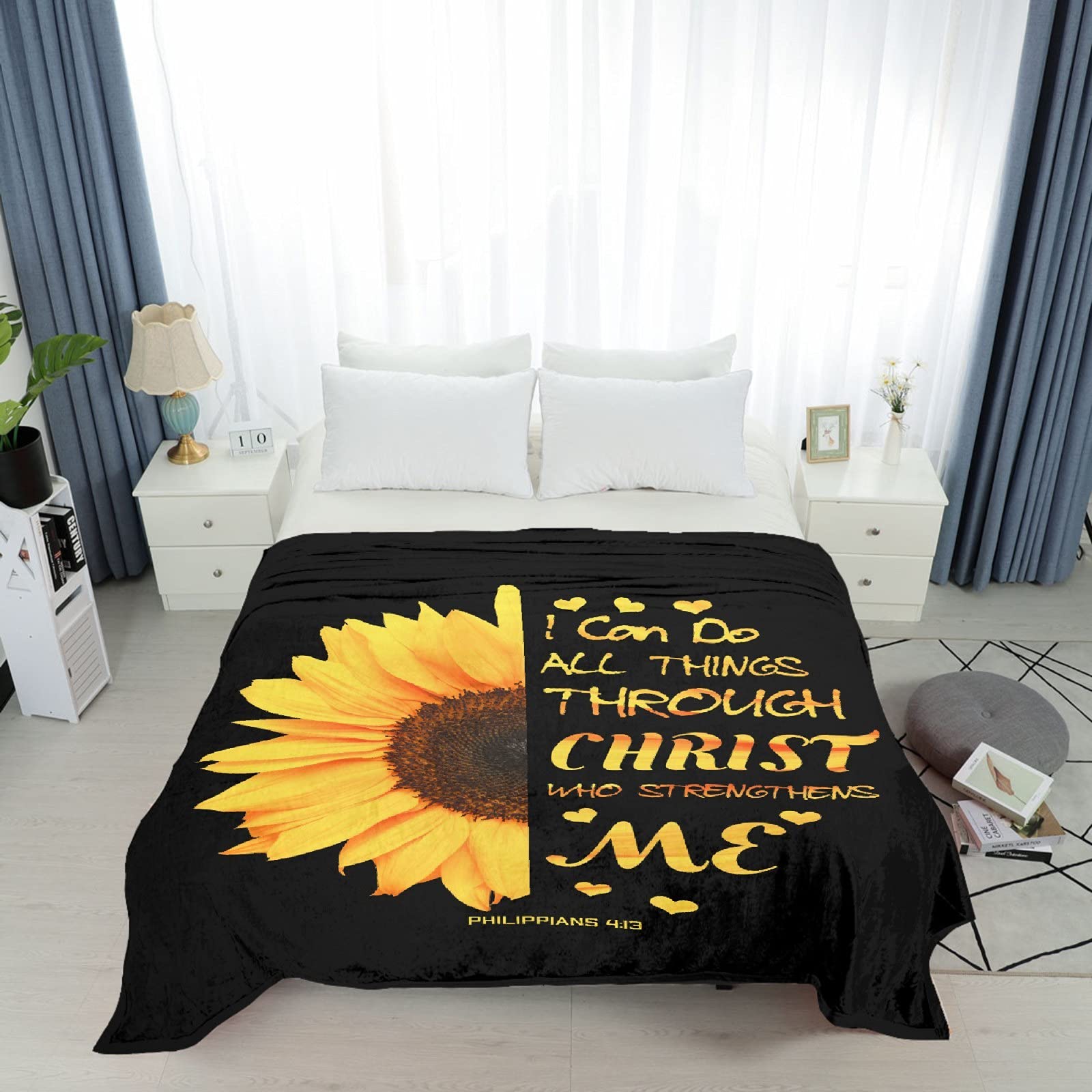 Soft Inspirational Sunflower Strength Bible Verse Blanket - Lightweight Flannel Plush Throw for Women & Men - 120