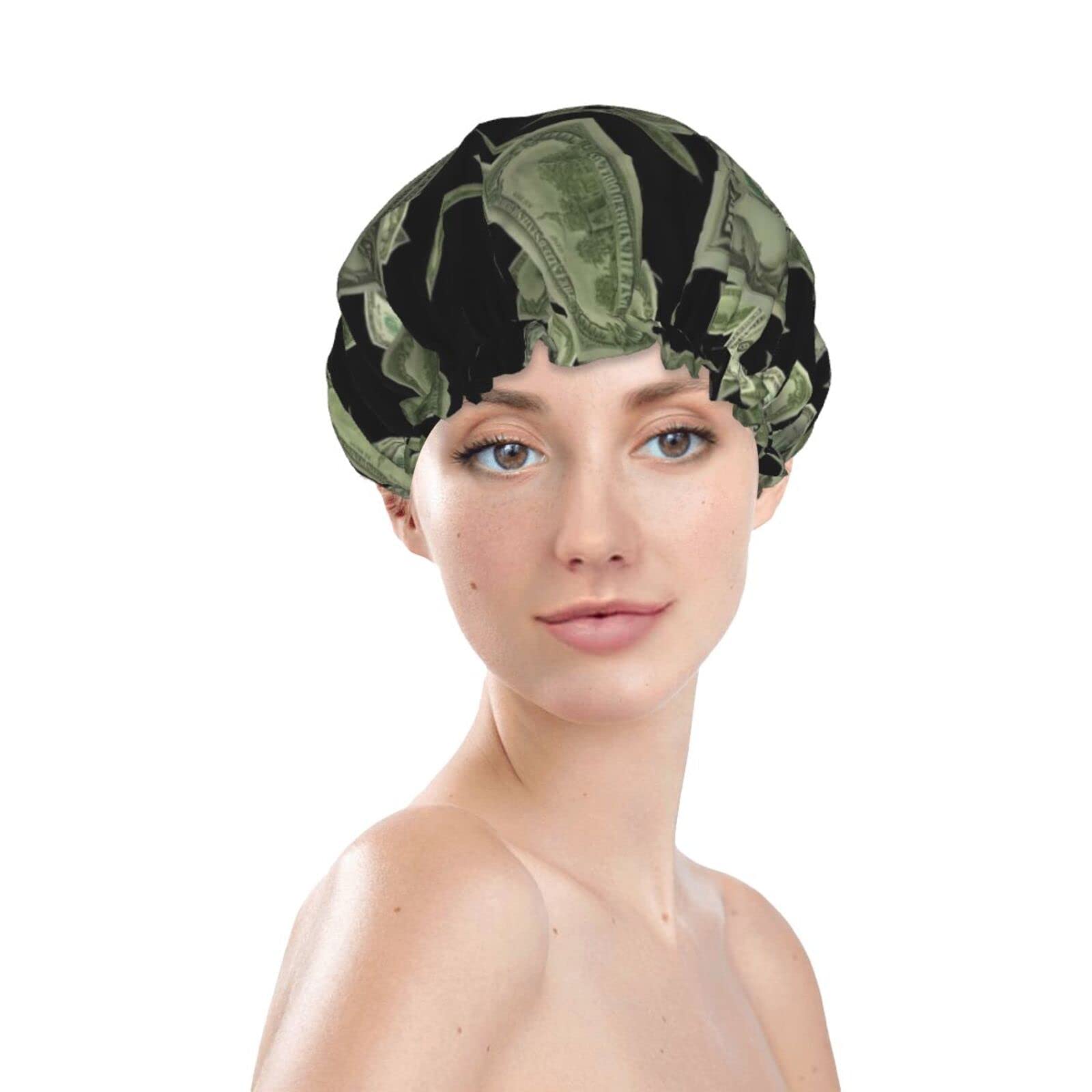 Waterproof Reusable Shower Cap for Women - Dollar Sign Money Print Bath Hair Cap | Double Layer Protection for Shower, Bathing & Spa