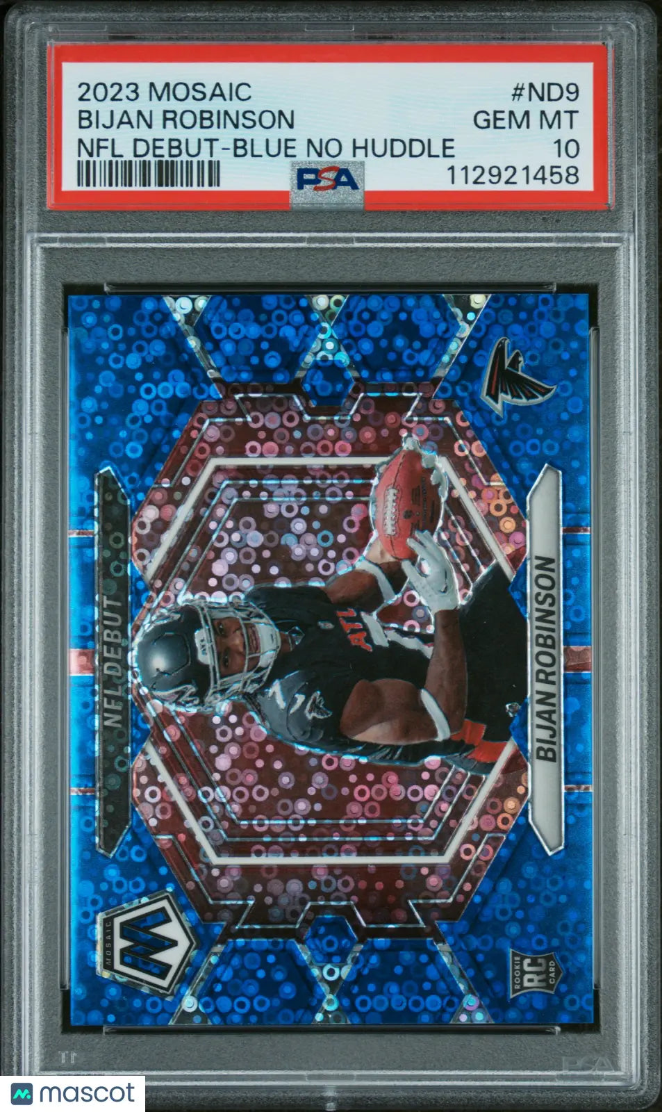 2023 Panini Mosaic NFL Debut Bijan Robinson Rookie Card Blue No Huddle PSA 10 Gem Mint 1/75 Limited Edition - Perfect for NFL Collectors, Sports Memorabilia Enthusiasts & Investment