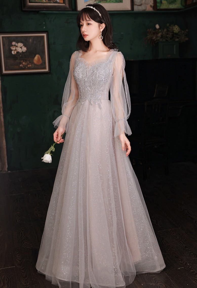 Elegant Gray Tulle Fairy Dress for Girls - Sweet Formal Party Gown with Long Sleeves - Perfect for Evening Dresses, Prom, Pageants & Special Occasions