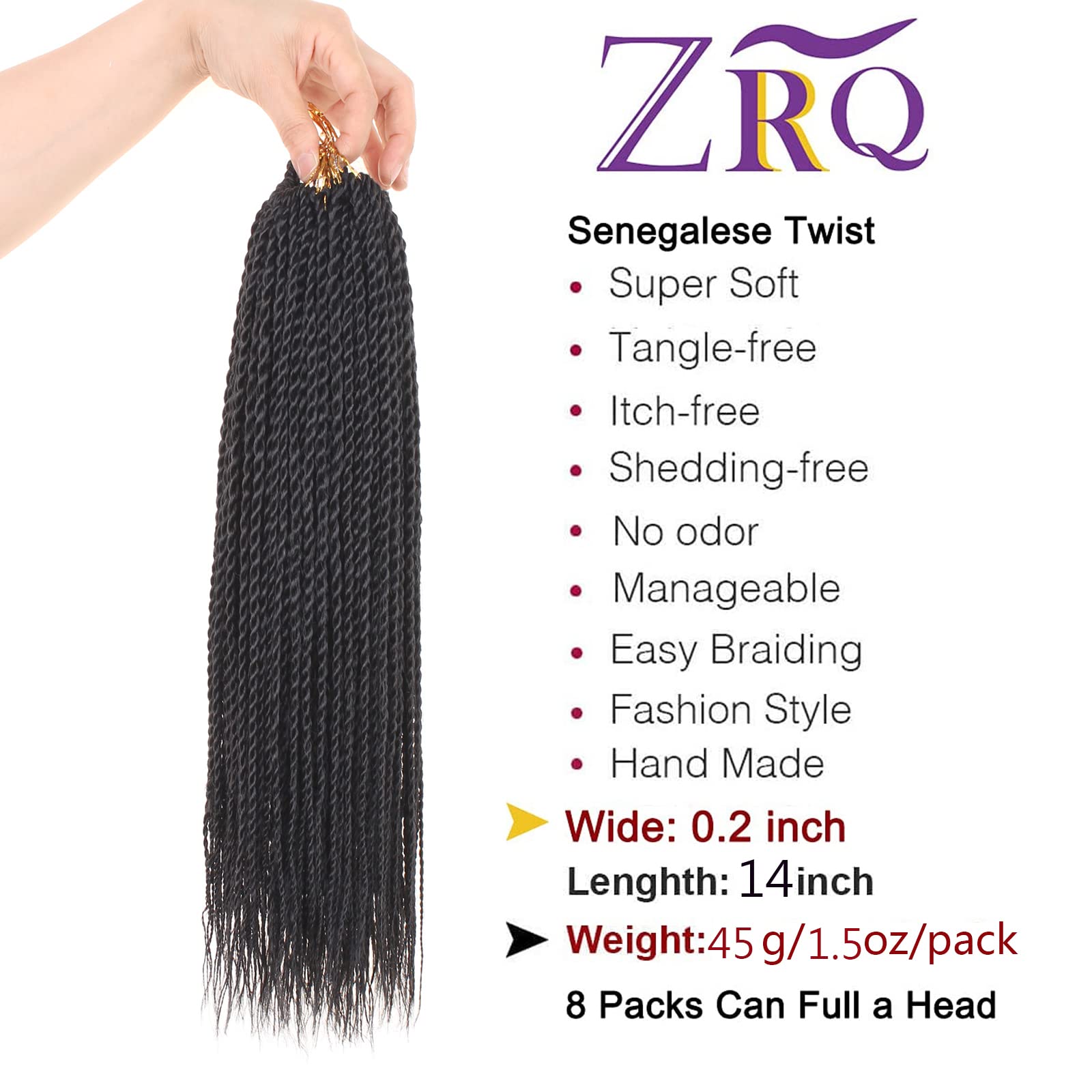 ZRQ Senegalese Twist Crochet Hair - 8 Packs 14 Inch Small Crochet Braiding Hair for Women, 25 Strands/Pack, Hot Water Setting (1B Black) | Perfect for Protective Styles, Twist Hairstyles & Natural Hair Care