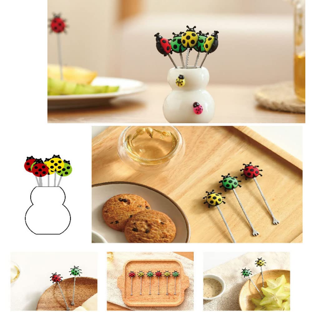 6pcs Kids Fruit Forks with Ceramic Holder - Cute Ladybug Design - Safe Snack Utensils for Children's Parties, Picnics & Family Gatherings