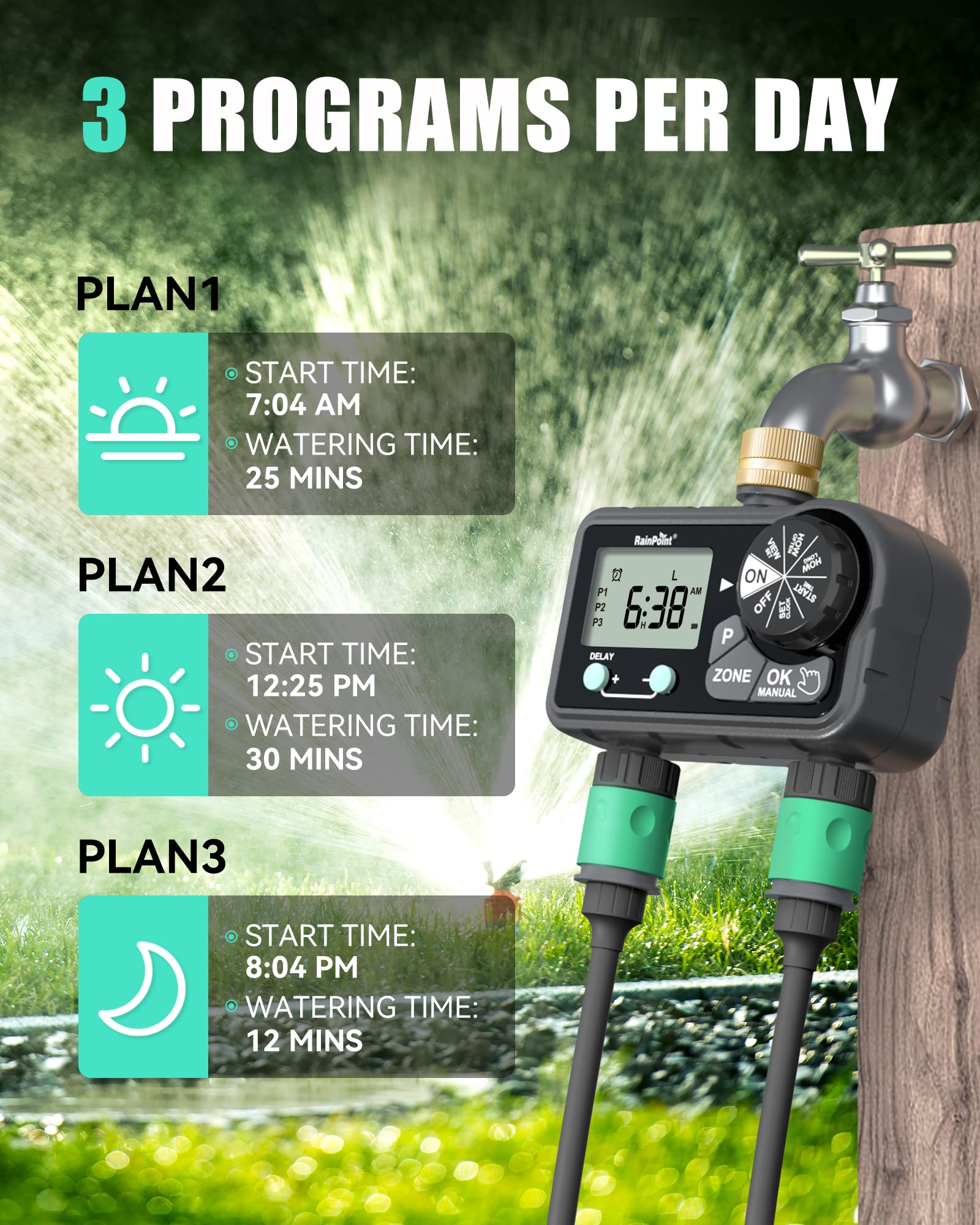 RainPoint 2-Zone Brass Sprinkler Timer - Digital Garden Hose Water Timer with 6 Custom Programs, Delay/Manual/Auto Modes for Daily/Weekly/Specific Irrigation - Perfect for Lawn, Garden & Landscape Watering Systems