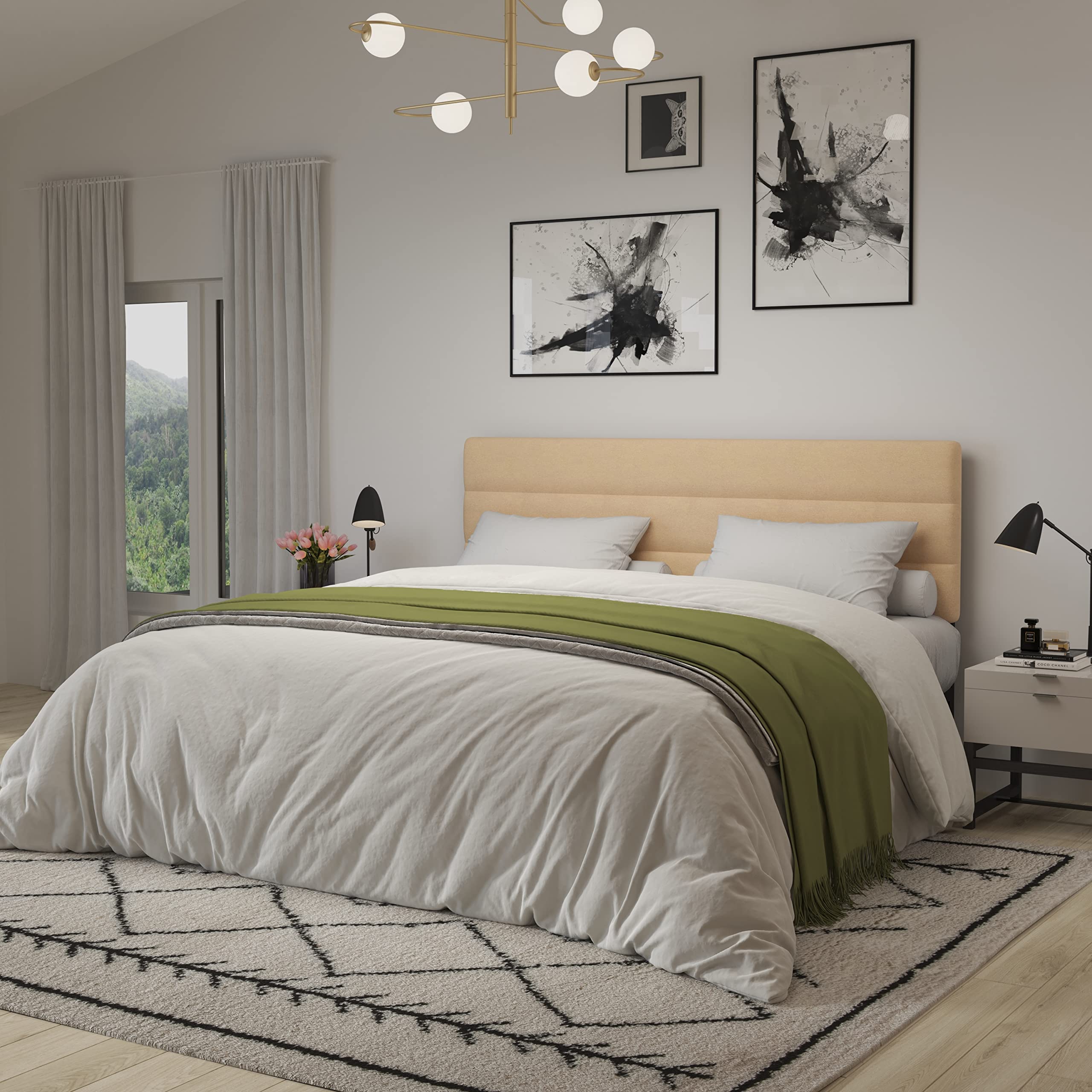 Merrick Lane Coppola Upholstered King Size Headboard - Button Tufted Cream Fabric with Adjustable Metal Legs - Fits Most Standard Bed Frames - Perfect for Master Bedrooms & Guest Rooms