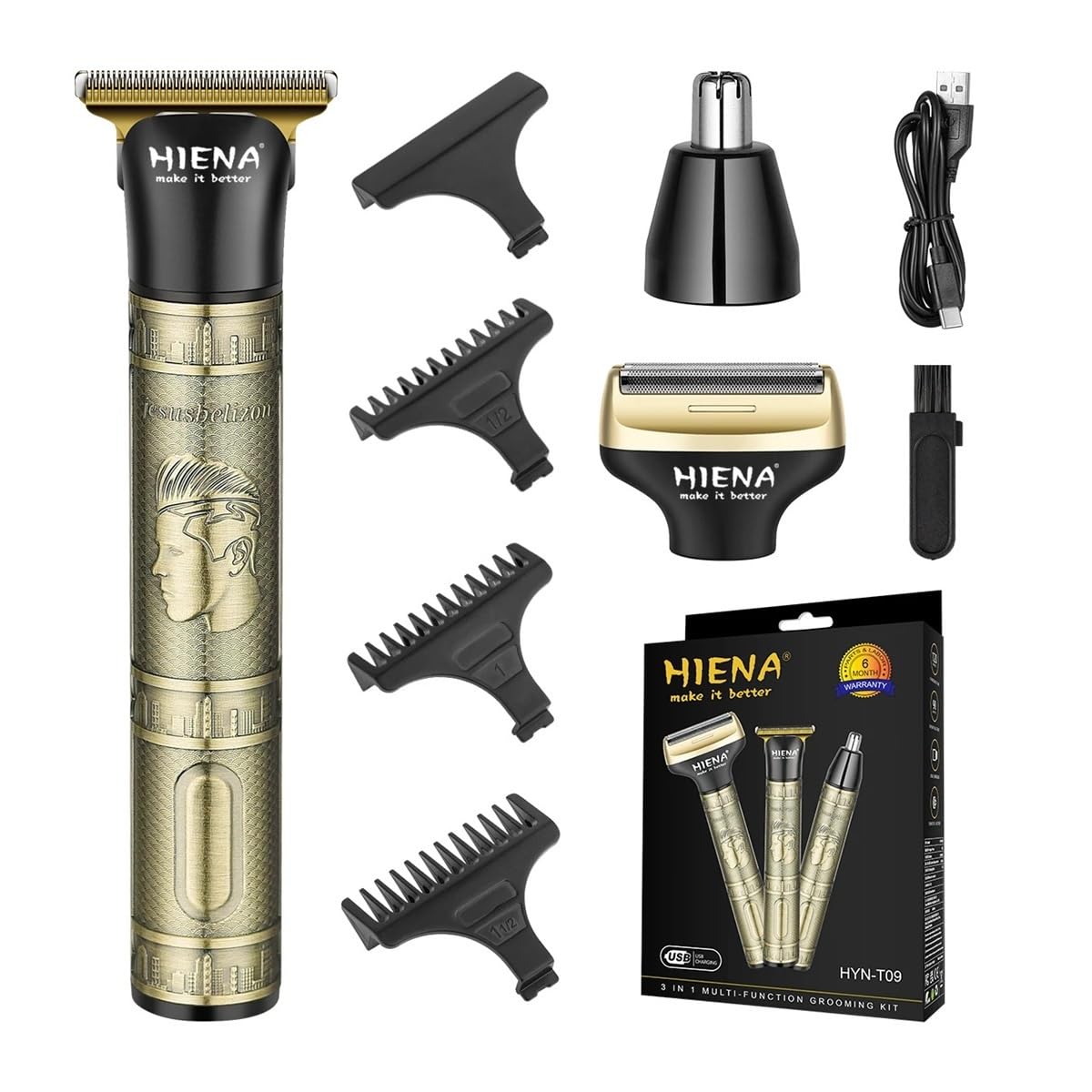 3-in-1 Professional Hair Clipper & Beard Trimmer Kit - Wireless USB Rechargeable T-Blade Razor with Nose Trimmer for Men's Grooming at Home & Travel
