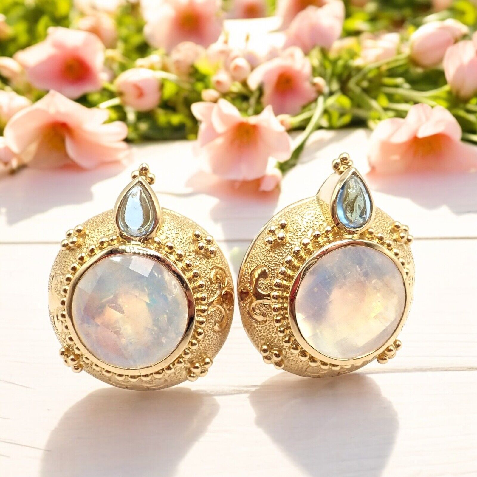 Exquisite Vintage Paula Crevoshay 18K Gold Aquamarine Moonstone Round Earrings - Unique Handcrafted Jewelry for Weddings & Special Occasions