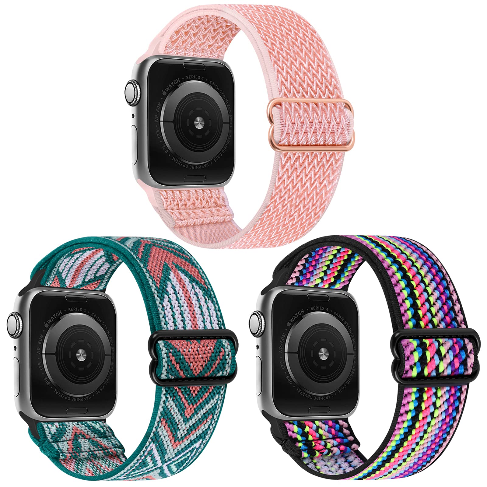 Stretchy Nylon Solo Loop Band Compatible with Apple Watch 38mm 40mm - 3 Pack Adjustable Braided Sport Strap for Women & Men - Fits iWatch Series 6/5/4/3/2/1 SE - Wave Pink/Gray Arrow/Multi Color - Perfect for Running, Workouts & Everyday Wear