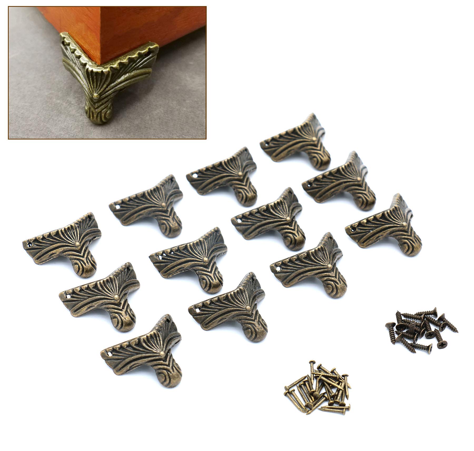 12 Pcs Vintage Bronze Feet for Wooden Box - Decorative Gift Box & Jewelry Box Corner Protectors with Screws - Perfect for DIY Crafting, Home Décor, and Antique Furniture Restoration