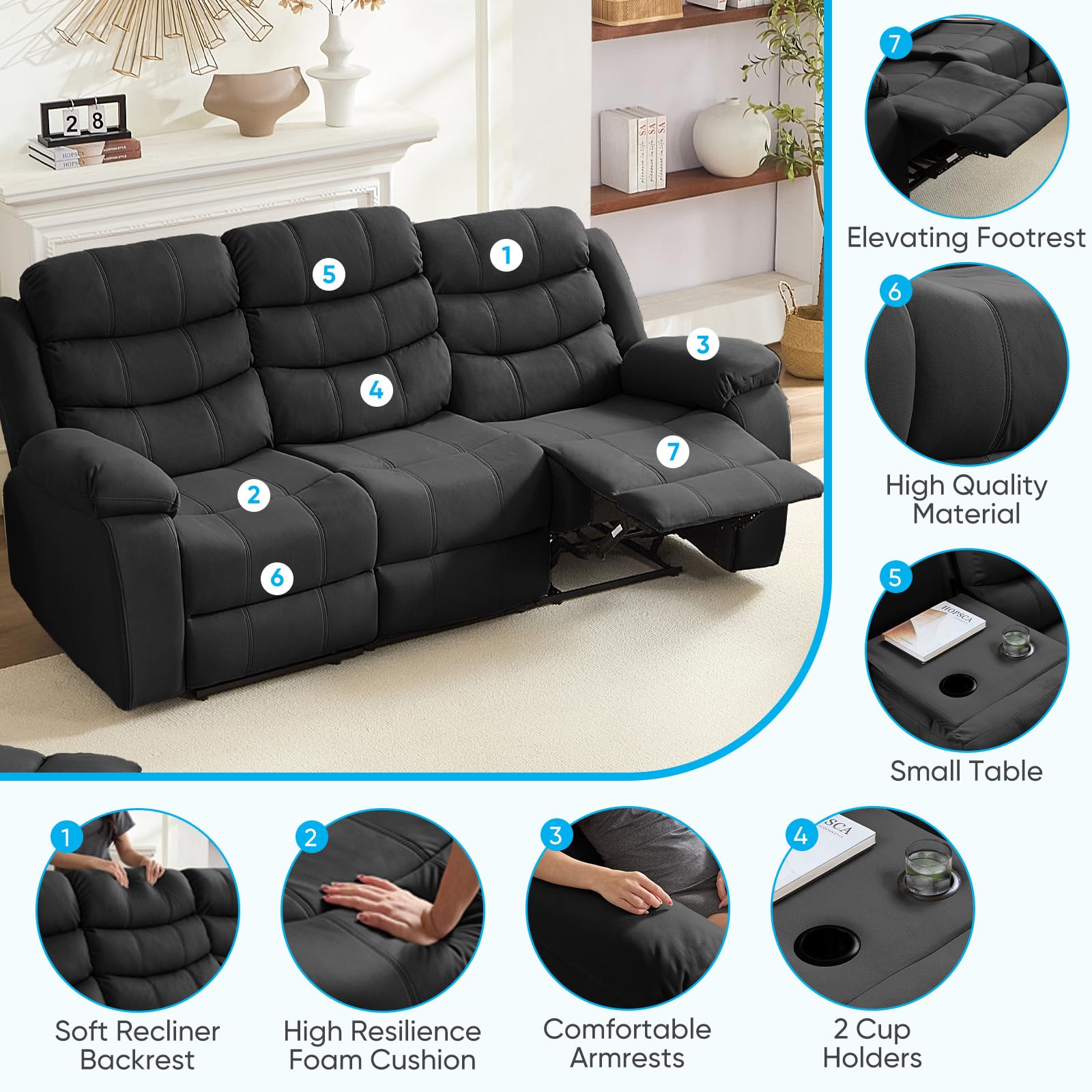 Mjkone 3-Seater Recliner Sofa with Adjustable Backrest & Drop Down Table - Modern Convertible Living Room Couch with Dual Cup Holders for Home Theater - Dark Grey - Perfect for Movie Nights & Family Relaxation