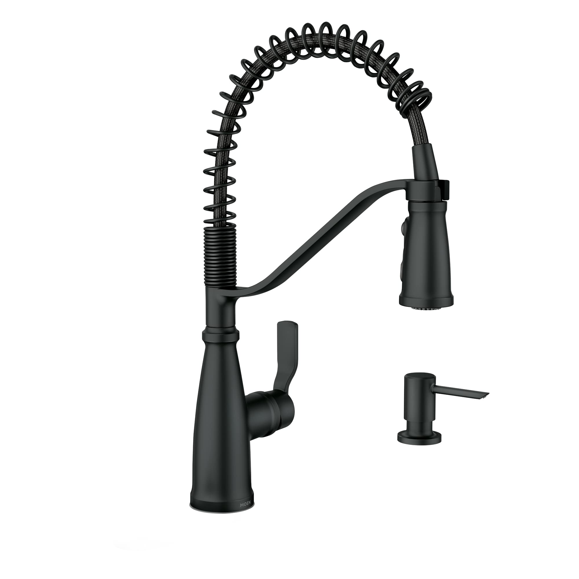 Moen Nolia Matte Black Single Hole Kitchen Faucet with Pull Down Sprayer & Soap Dispenser - 1-Handle Pre-Rinse Spring Design (Model 87886BL) for Modern Farmhouse & Commercial Kitchens