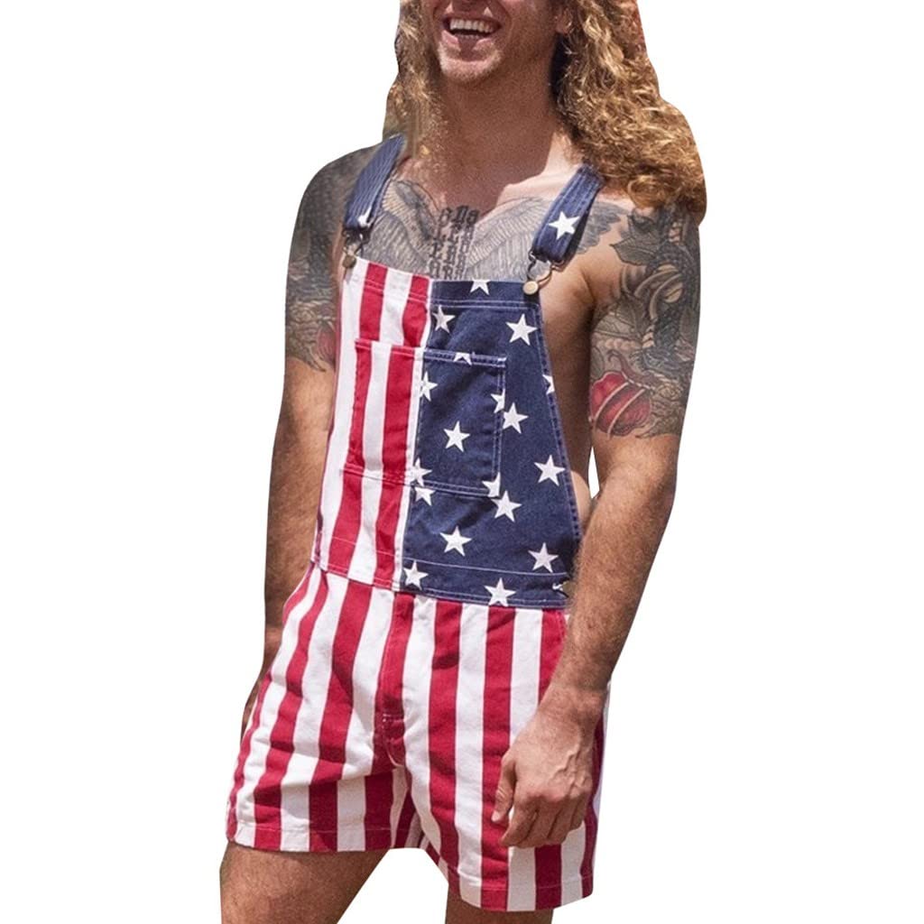 American Flag Denim Overalls - Adjustable Bib Shorts Romper for Men & Women | Casual Summer Outfit, Workwear & Patriotic Style