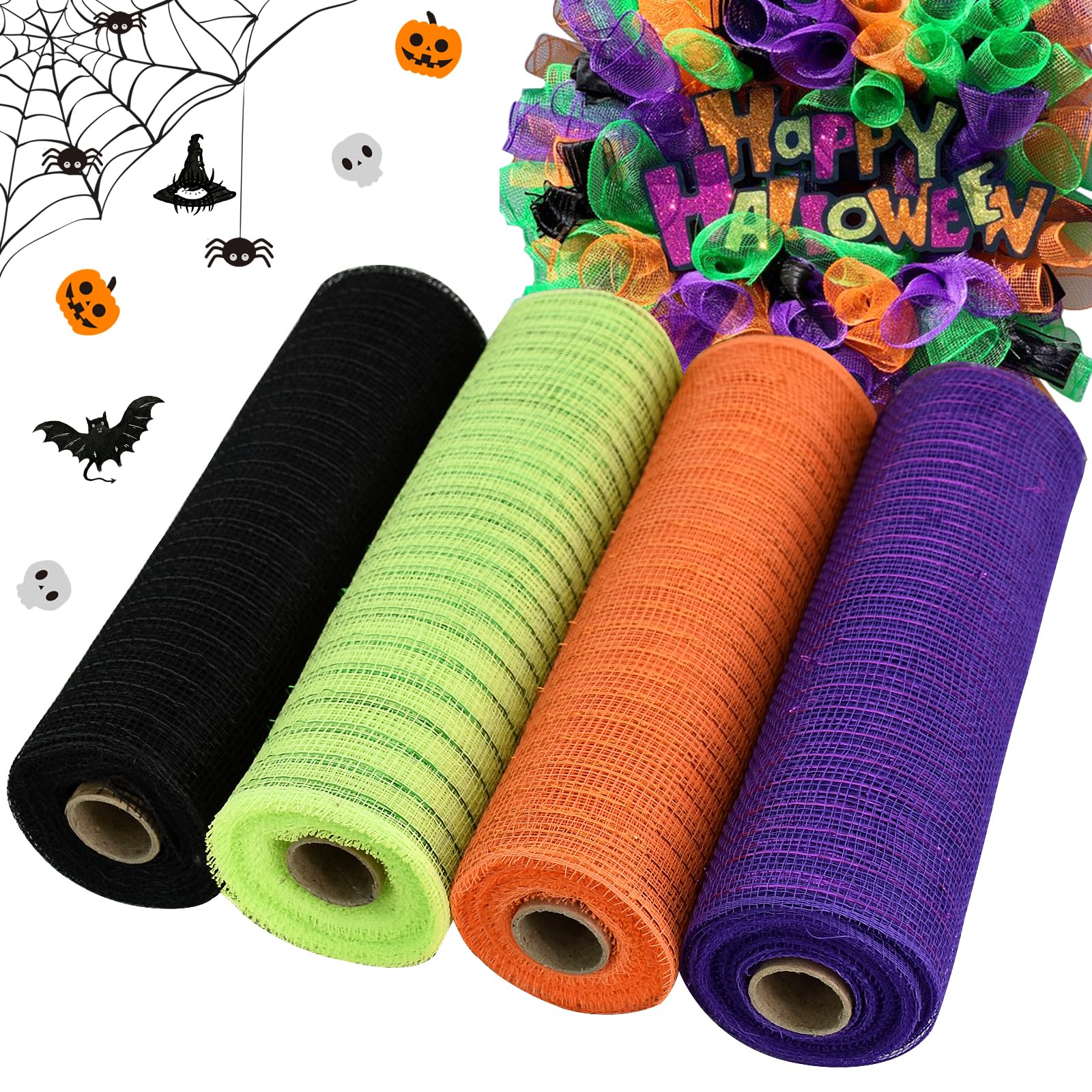 TONIFUL 4 Rolls 10 Inch Decorative Mesh Ribbon - Black Orange Purple Green Wreath Supplies, 30ft per Roll (120ft Total) for Christmas Tree Decor, Front Door Wreaths, DIY Crafts, Halloween & New Year Party Decorations