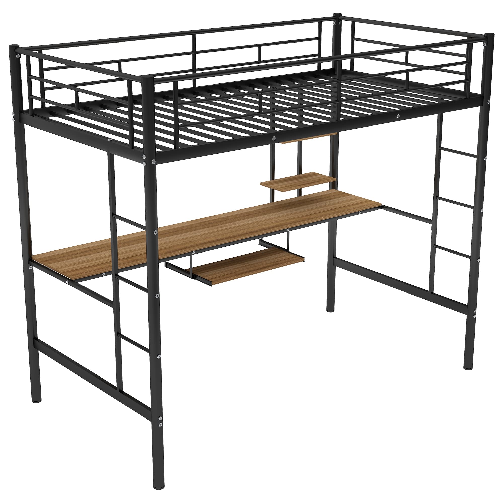 MERITLINE Twin Metal Loft Bed with Desk, Storage Shelf & Safety Rail - High Loft Study Bed for Kids & Teens (Black with Keyboard Tray) - Perfect for Small Bedrooms, Dorm Rooms & Space-Saving Kids' Rooms