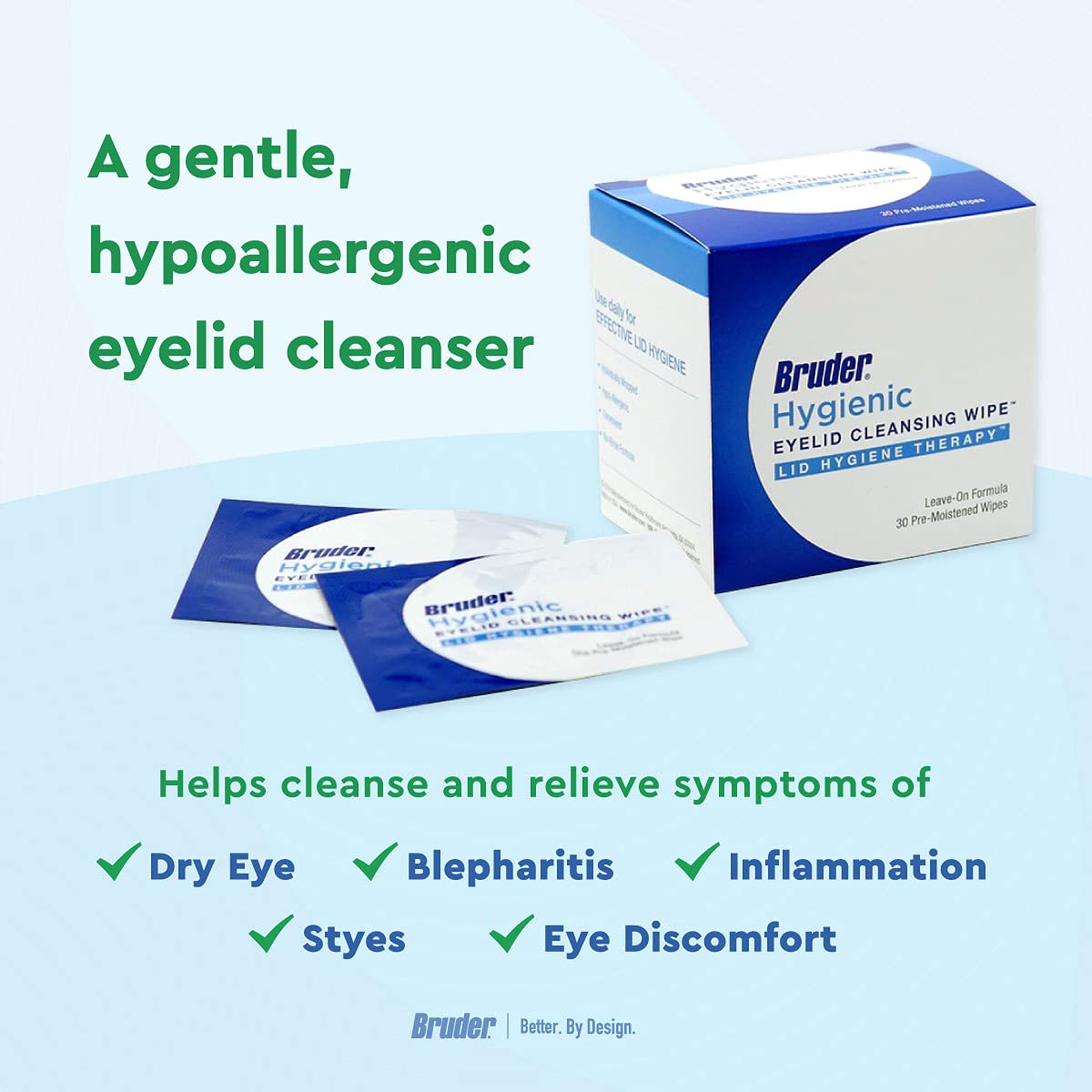 Bruder Hygienic Eyelid Cleansing Wipes - Rinse-Free Exfoliating Wipes for Removing Excess Oil, Debris & Makeup from Eyelids & Lashes | Gentle Eye Care & Cleansing | Non-Allergenic | 30 Count | Perfect for Travel, Daily Eye Hygiene & Post-Makeup Removal